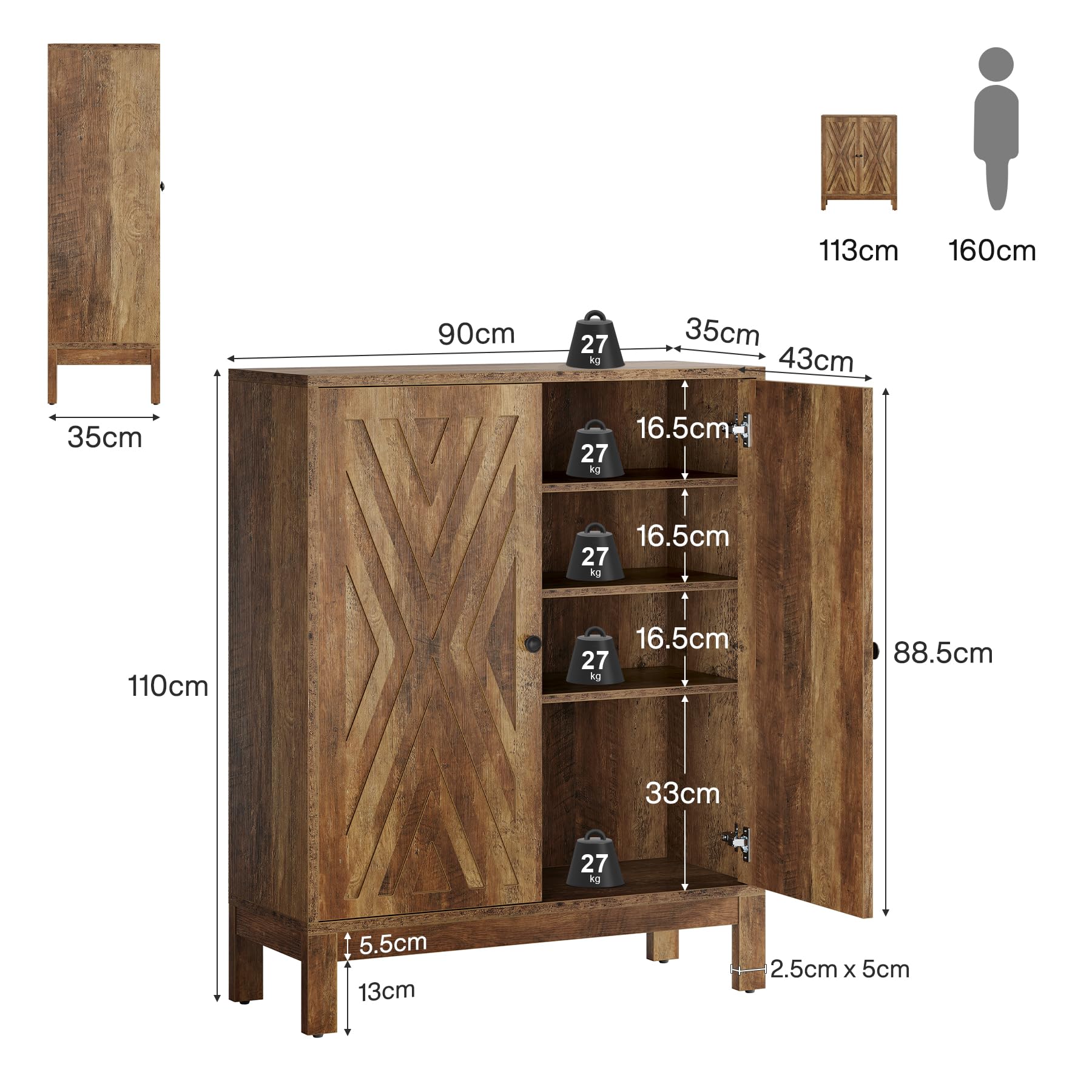 Tribesigns Zapatero de 2 Puertas, Zapatero Independiente de 5 Niveles con estantes Ajustables, Altura 110 cm, para Entrada, Pasillo y salón, Zapatero Que Ahorra Espacio, marrón