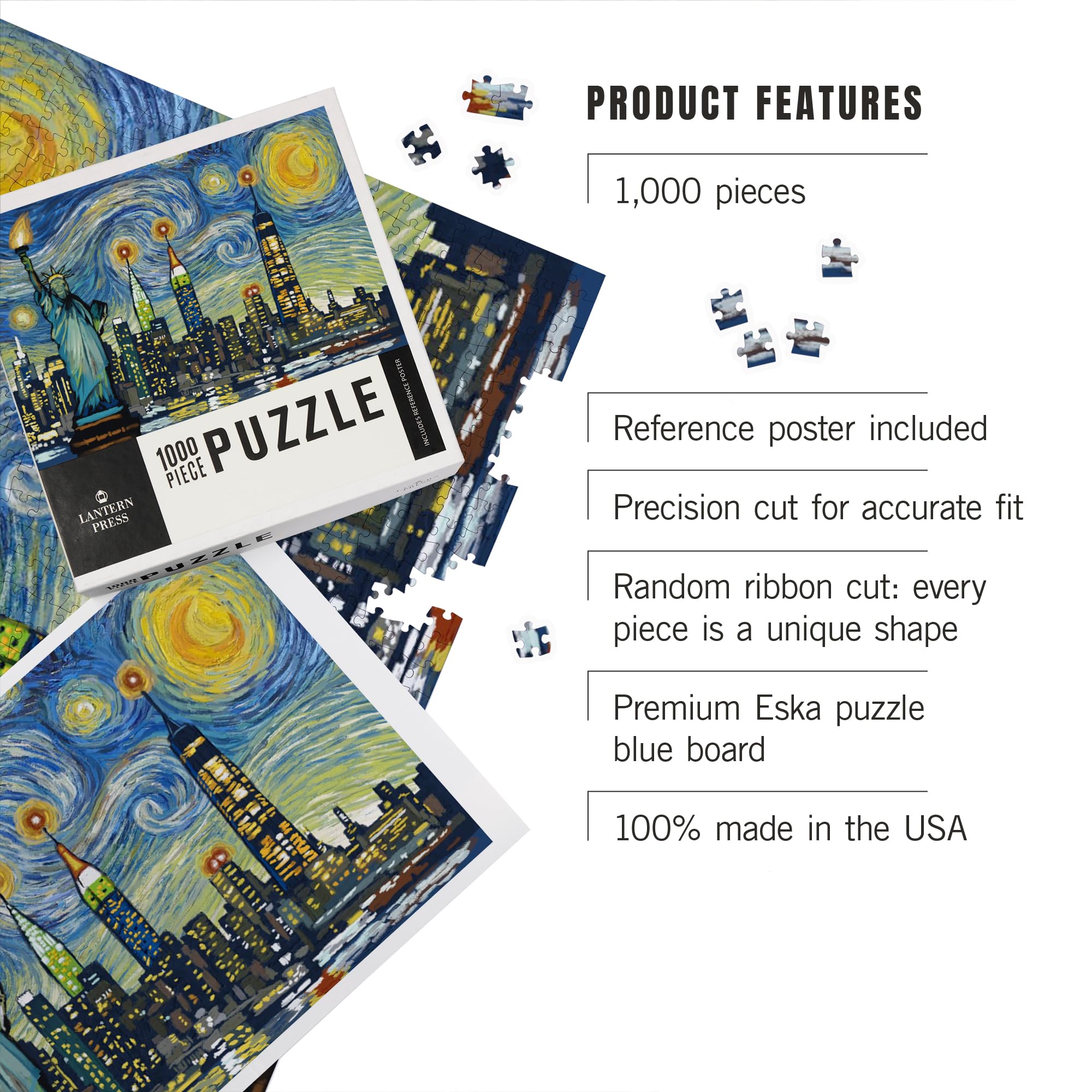 Lantern Press New York City, New York, Starry Night City Series Puzzle de 1000 pièces pour adultes, fabriqué aux États-Unis, avec affiche de référence