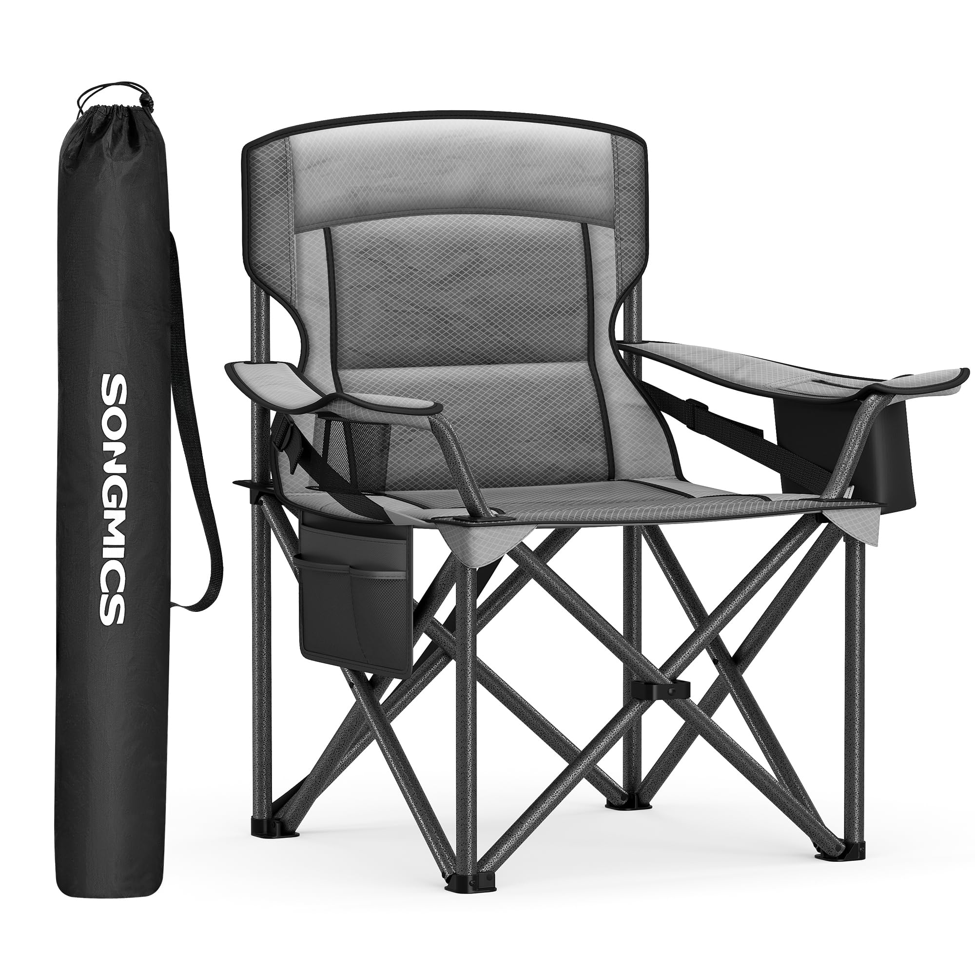 SONGMICS Sedia da Campeggio Imbottita Extra-​Large, Comoda Sedia Pieghevole per Glamping all'Aperto, con Supporto Lombare, Borsa Termica, Portante 205 kg, Grigio Ardesia GCB066G01