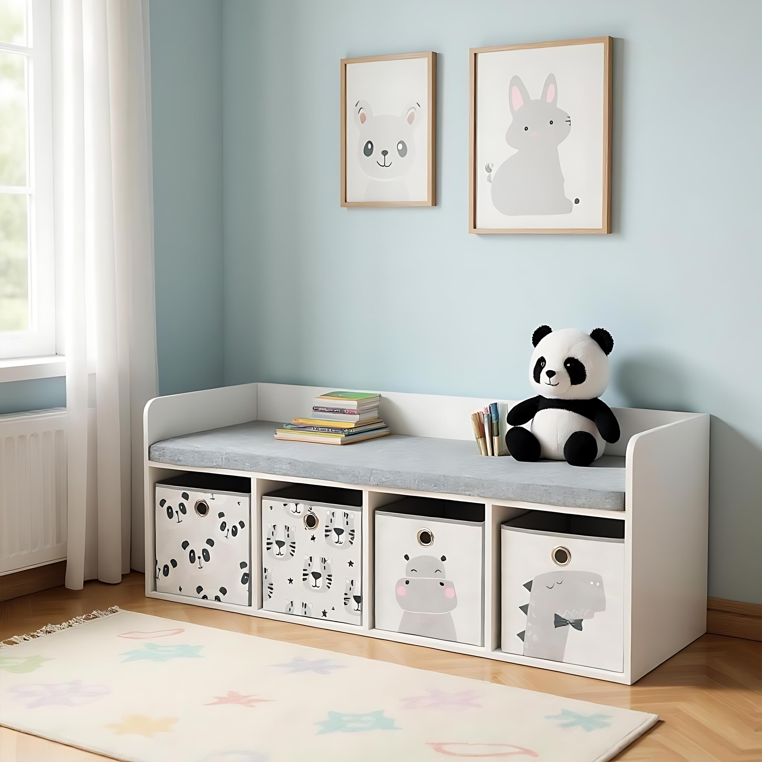Relaxdays Panca per Bambini con Contenitore, 54x142x32 cm, 4 Casse Pieghevoli, Motivi Animali, Cuscino, Bianco/Grigio