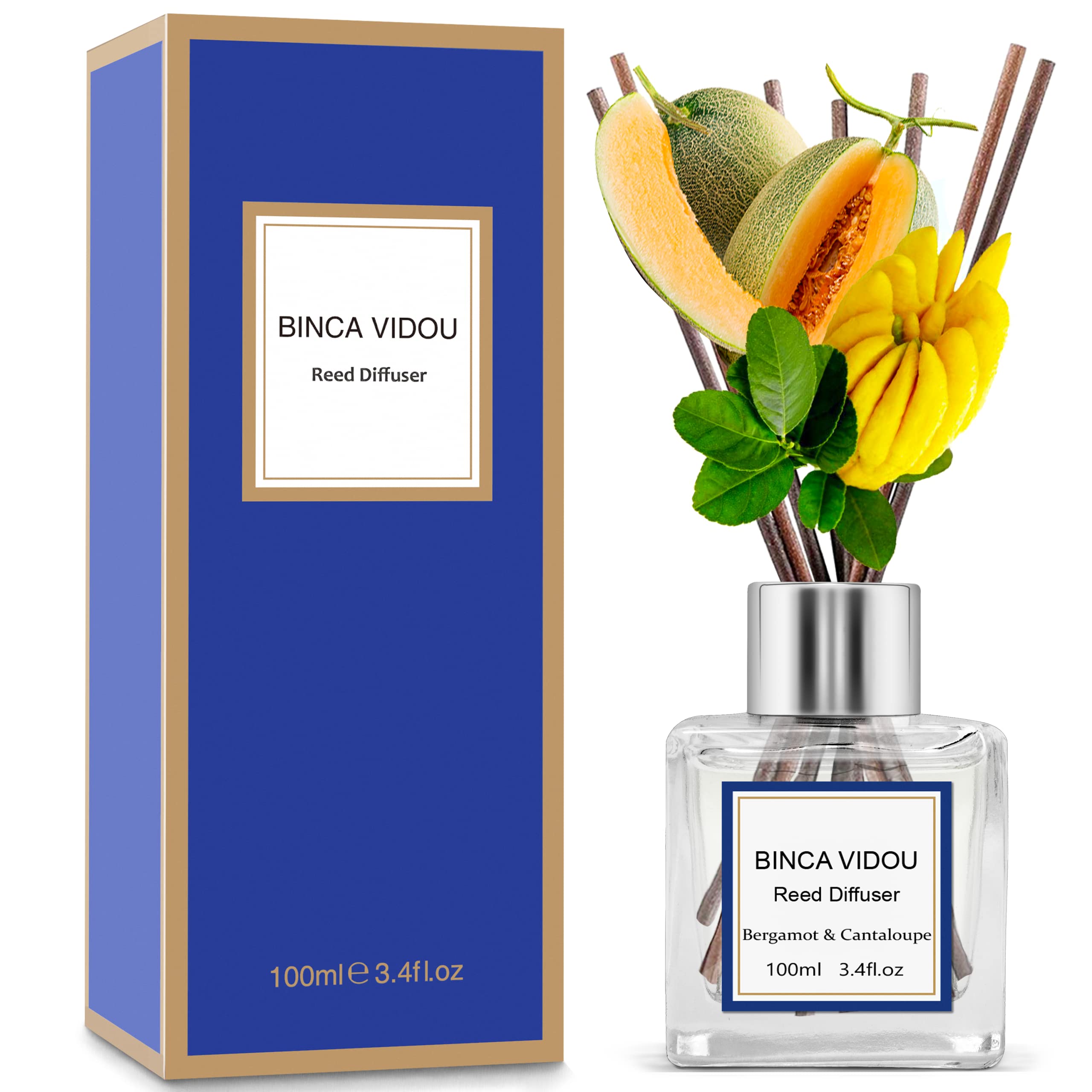 binca vidou Reed Diffuser Bergamot & Cantaloupe, Home Scented Oil Reed Diffuser Set for Bedroom Livingroom, Remove Bad Smells, Strong & Long Lasting Fragrance for 50 Days, 100 ml/3.4 oz