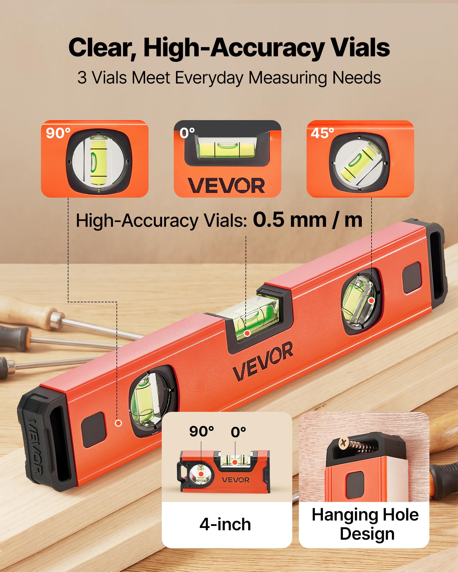 VEVOR 4 tlg. Wasserwaage Set, 12/30/60/100cm Richtwaage mit 3 Libellen 90°/45°/0° 0,5mm/m, Maurerwaage Meganetisch mit Vertical-View-Funktion & Aufhängeloch, Messwerkzeug für Baustelle Hausrenovierung