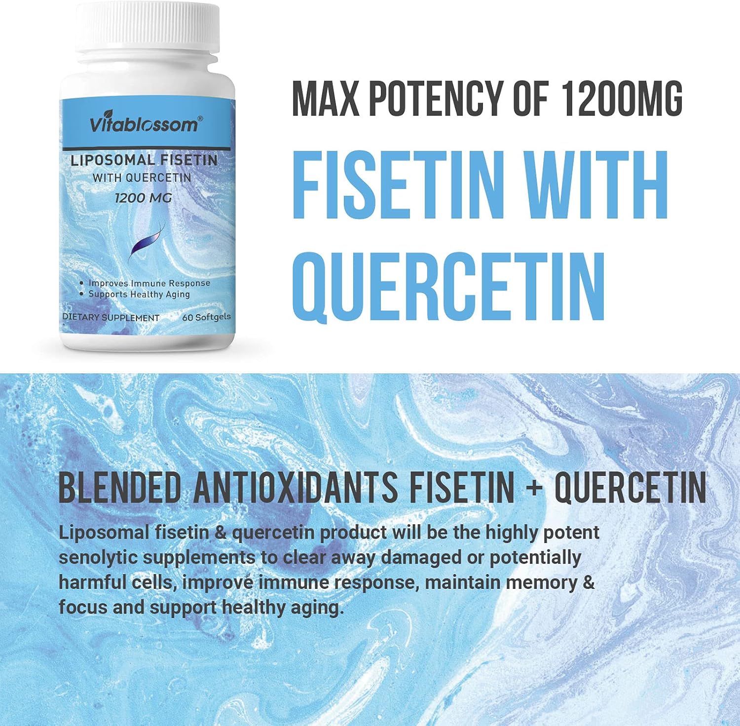 Liposomal Fisetin 1000 mg with Quercetin 200mg Supplement per Serving-Bioavailable Polyphenols Antioxidants for Women, Men-Blended Flavonoid Vitamin Supplements,60 Count (Pack of 1) : Health & Household