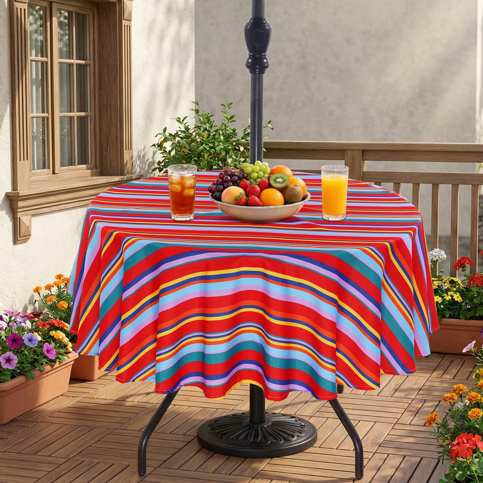 Eternal Beauty 70" Round Tablecloth Waterproof Outdoor Tablecloth with Umbrella Hole Zipper for Spring Summer Patio Picnic Tables (Red Stripe, 70" (Round))