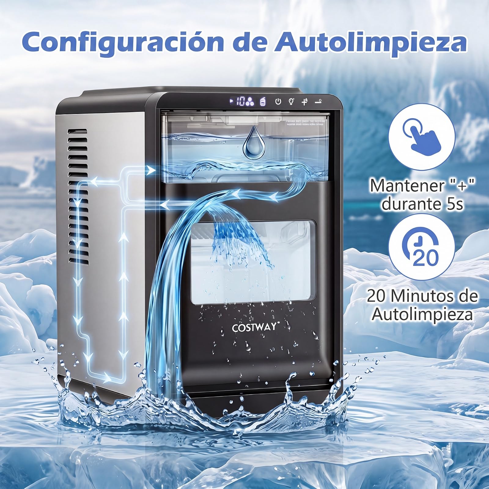 COSTWAY Máquina de Hielo de Sobremesa, 12 kg/Día, 16 Cubitos en 15 Minutos | Maquina de Hacer Hielo con Grosor Ajustable,Autolimpieza,Panel de Control, Pala y Cesta, Casa/Cocina/Oficina/Bar