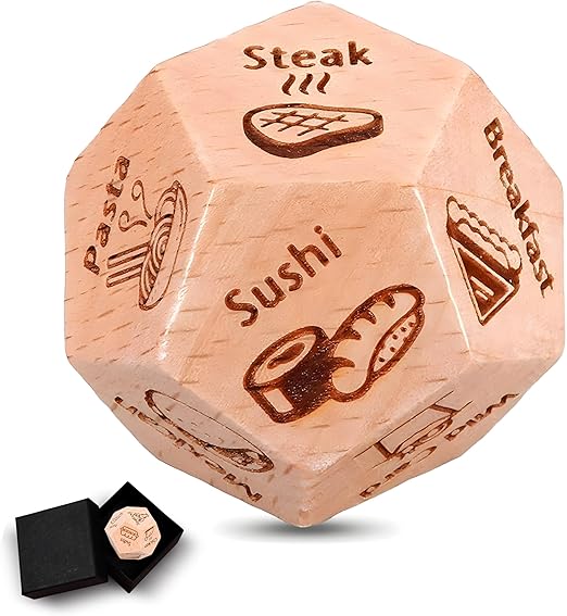 Food Decision Dice With 12 Food Patterns for Couples - Wooden Funny Date Night Dice for Dinner Decisions - Reusable Gift for Birthday, Anniversary, Wedding, Valentine's Day