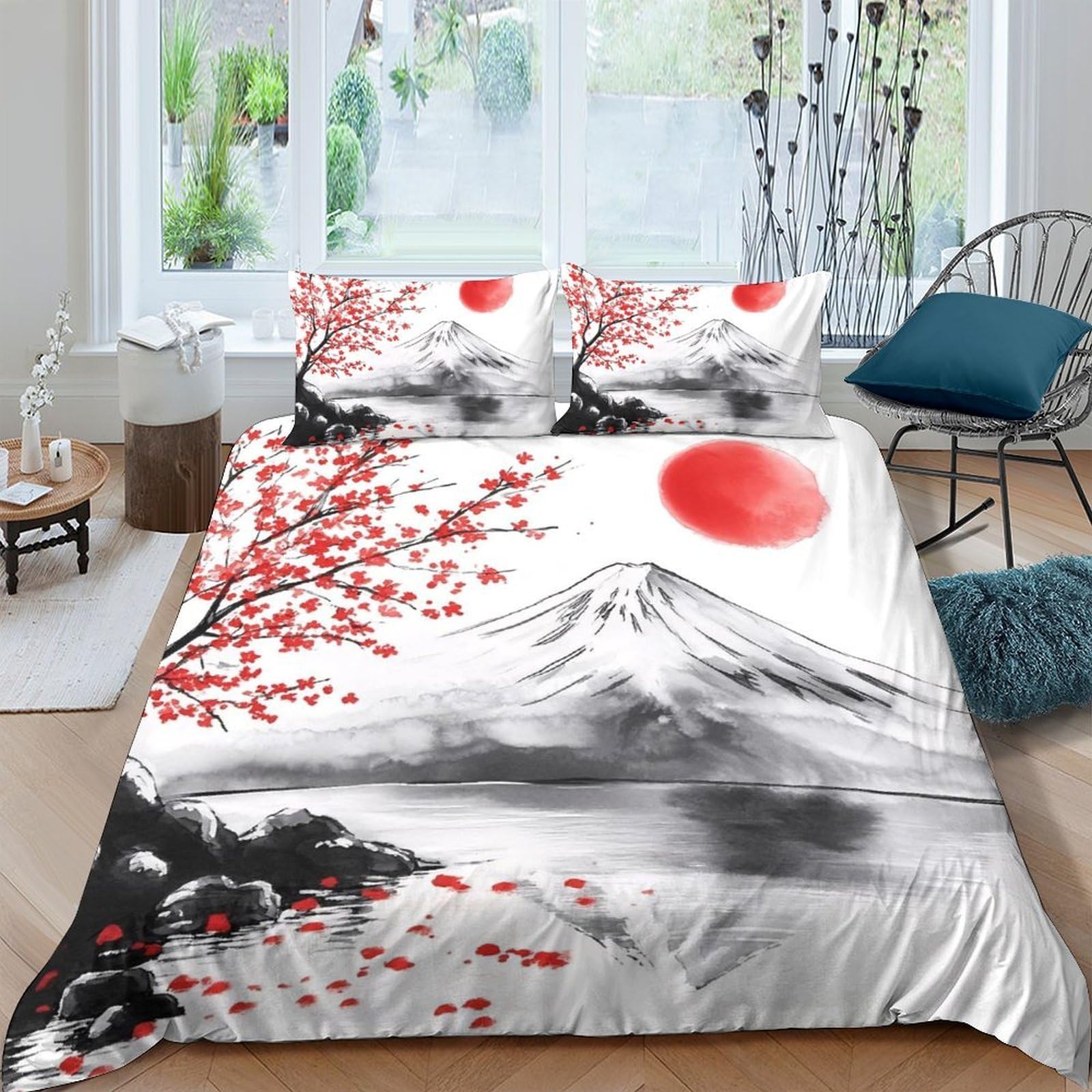 Ctjqhvkz Style-8 3D Printed Japanese Ink Mountain Fitted Sheet Microfiber Red Sun Sakura Mattress Cover Bedroom Decor Single（135X200cm）
