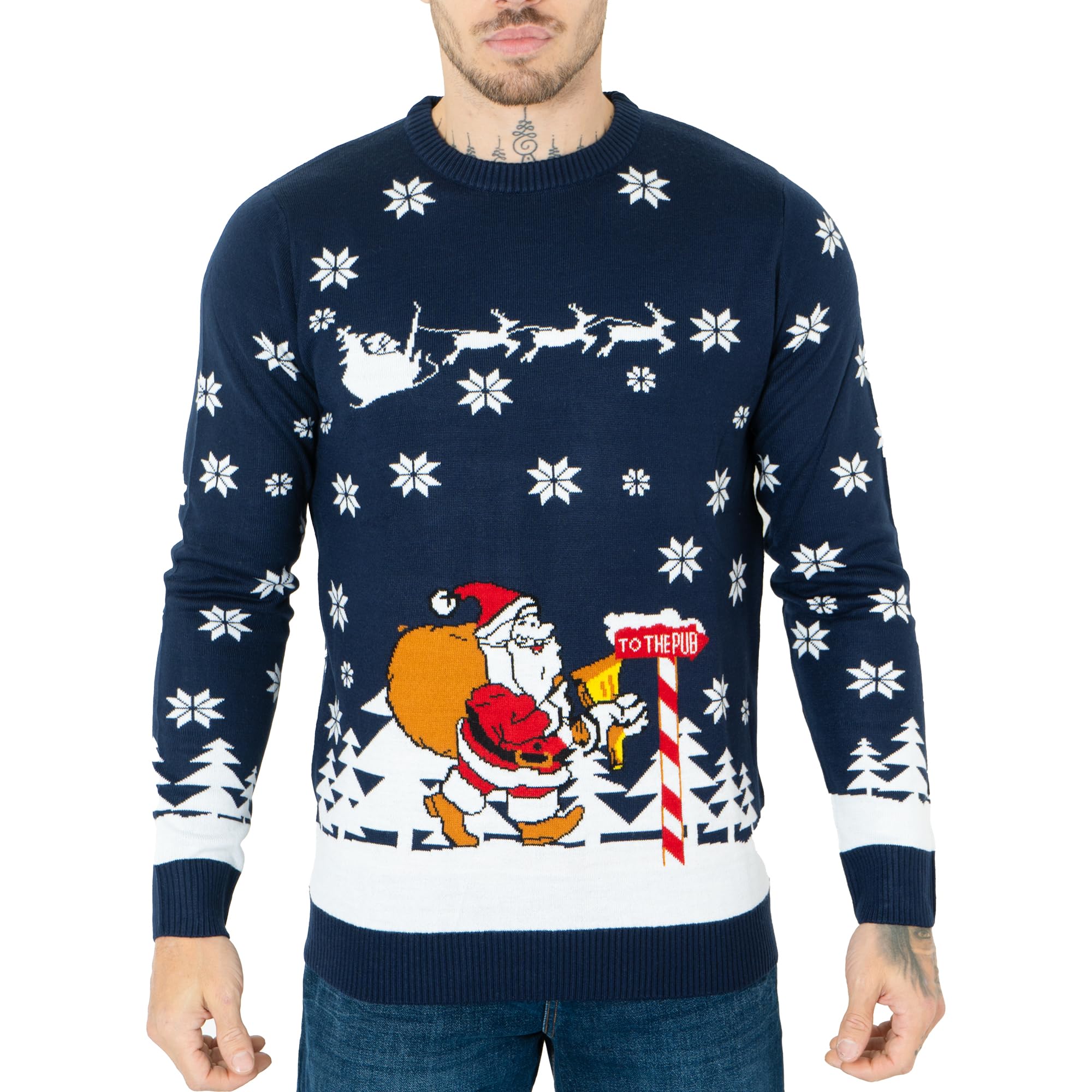 NOROZE Men's Christmas Jumpers Xmas Santa to The Pub Reindeer Novelty Unisex Long Sleeves Crew Neck Winter Pullover Top (XL, Santa to The Pub Navy)