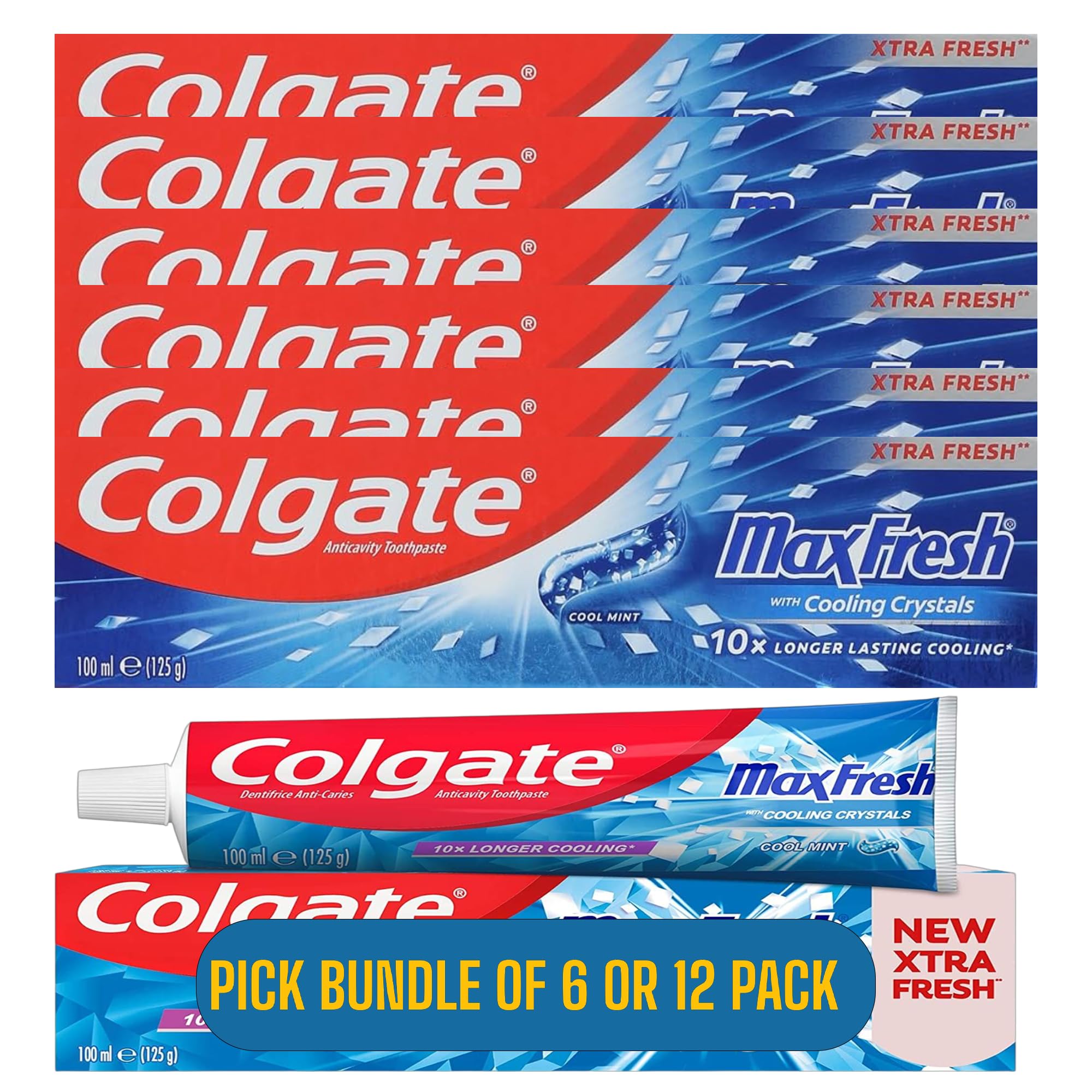 Max Fresh Cool Mint Toothpaste with Cooling Crystals 100ml (125g) | 10x Longer Lasting Cooling | Pick Bundle of 6 or 12 Pack | Packaging May Vary.