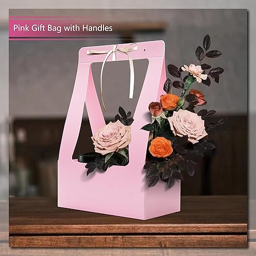 Miniatura 6 de Bolsas de regalo rosas con asas, 12 bolsas de regalo de flores, cajas de flores para arreglos, bolsas de flores impermeables para ramos de flores,