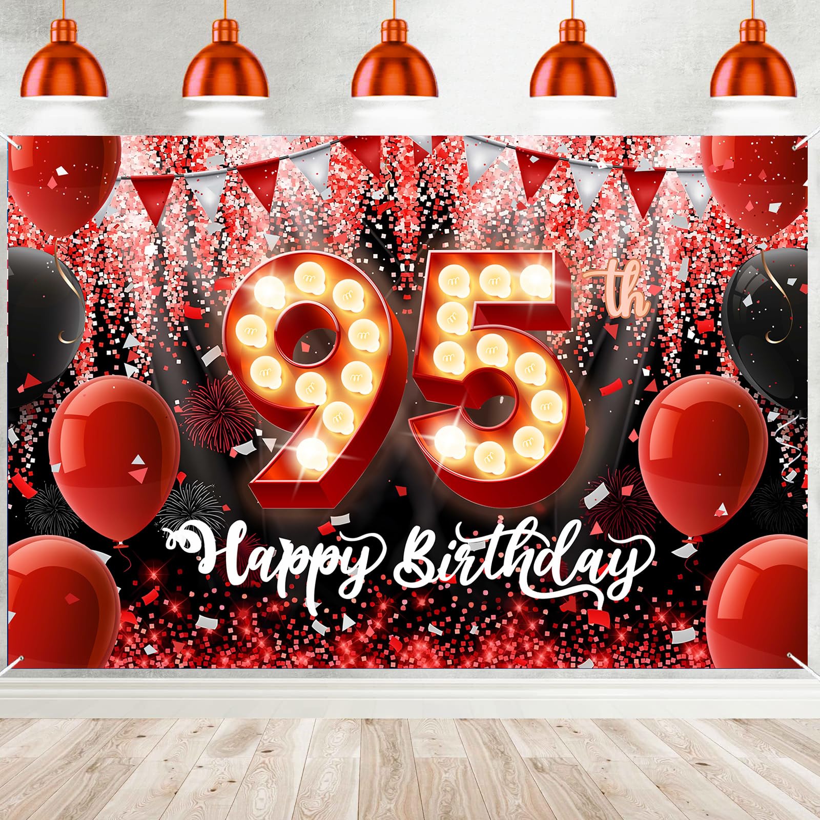 95th Happy Birthday Banner Red Glitter Sequin Balloon Banner Backdrop for Man Woman Gift Sign Birthday Party Decorations Photo Booth Background Props