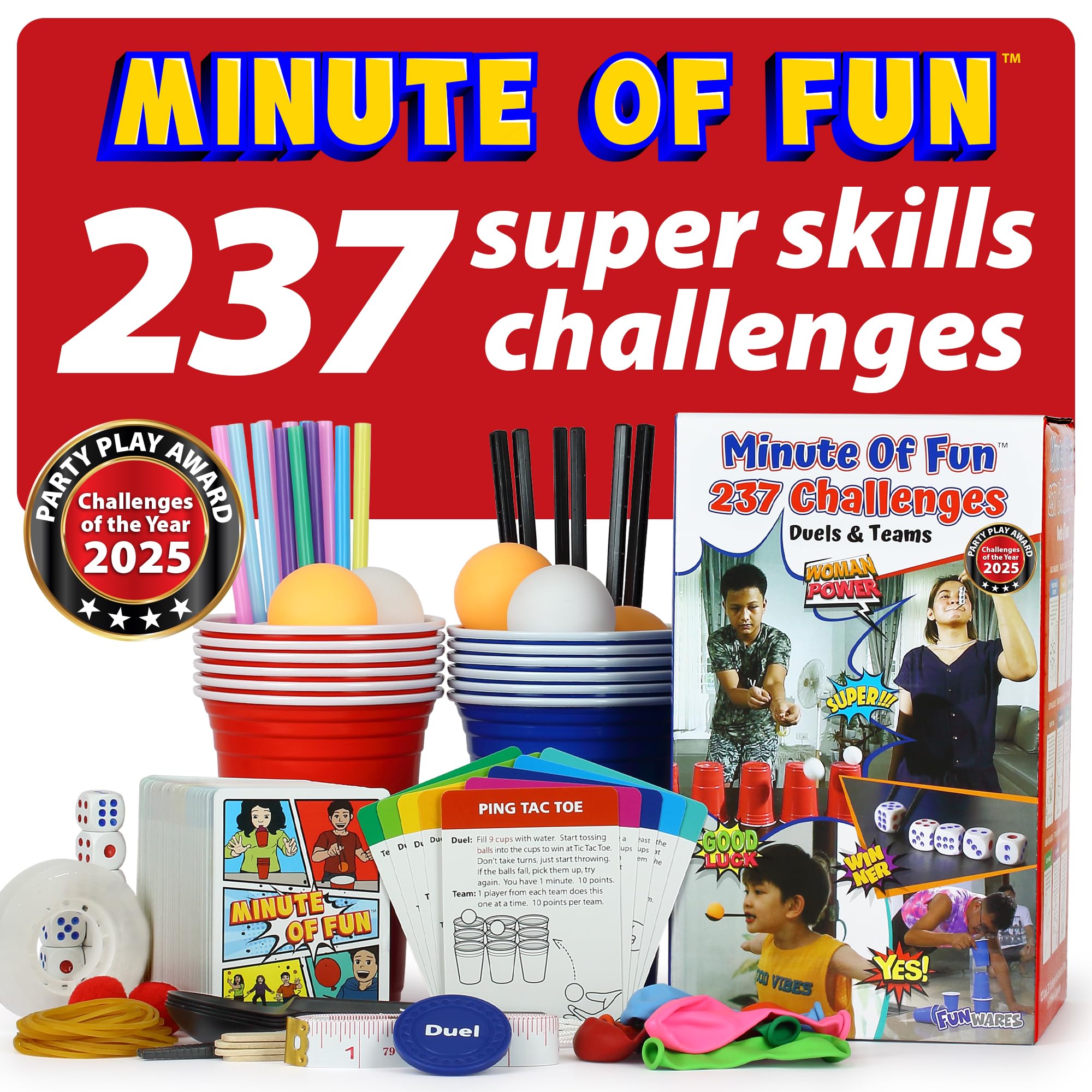 Funwares Original 237 Minute of Fun Games - Minute to Win It Family Party & Travel for Kids & Adults, 2-12 Players! Ready to Play Right Out of The Box!