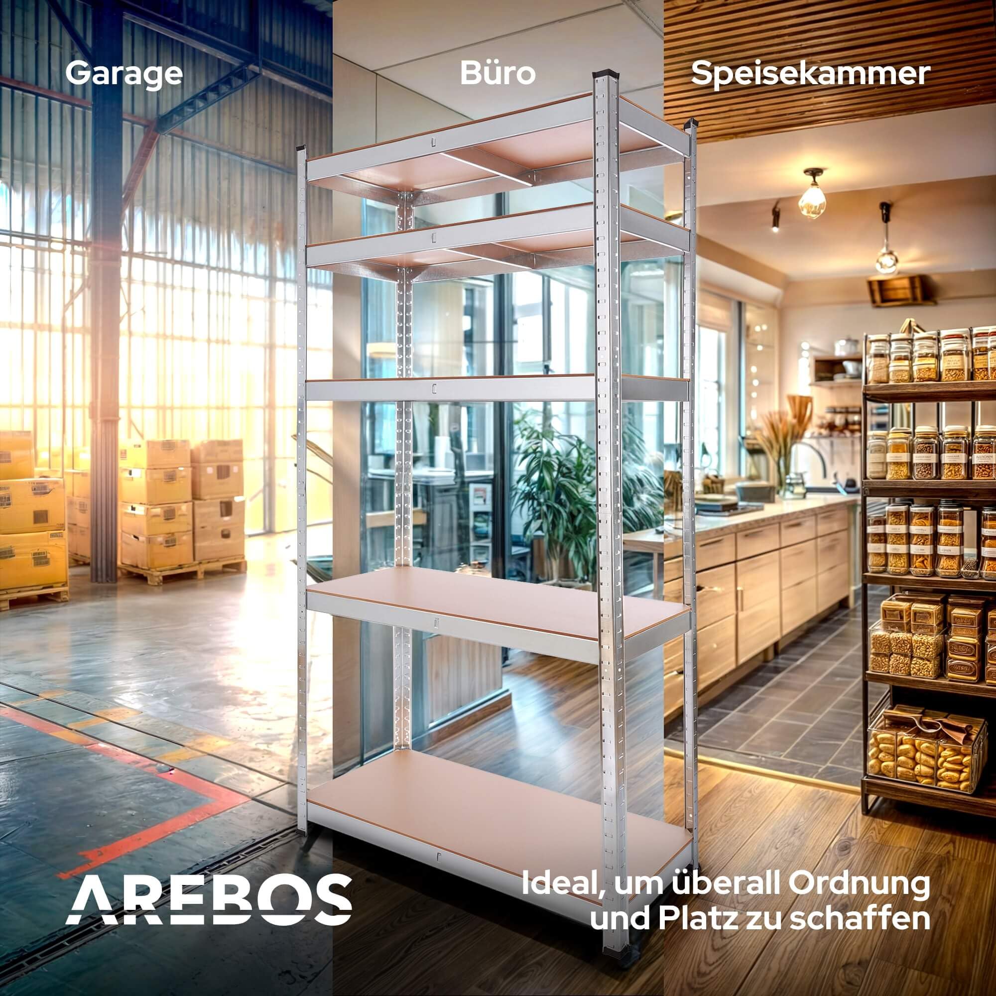 Arebos 2er Set Schwerlastregal 180 x 90 x 40 | 875kg Tragkraft | 0,63 mm | 5 verstellbare MDF-Platten Regal Lagerregal Kellerregal Steckregal Werkstattregal verzinkt