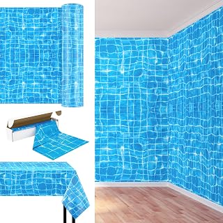 Oudain 1 Roll 1200" x 54" Pool Table Cover Summer Pool Party Tablecloth Blue Mosaic Backdrop Plastic Classroom Decor Ocean Tablecover Bulletin Board for Beach Birthday Party Decoration