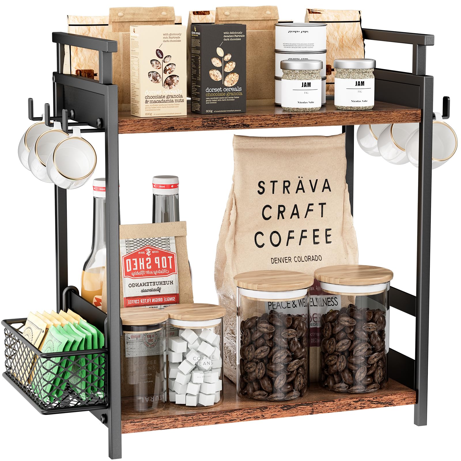 Organizador de barra de café de 2 niveles para oficina en casa, estante de especias para encimera, estante de almacenamiento de encimera de cocina con cesta colgante, organizador de estación de 5