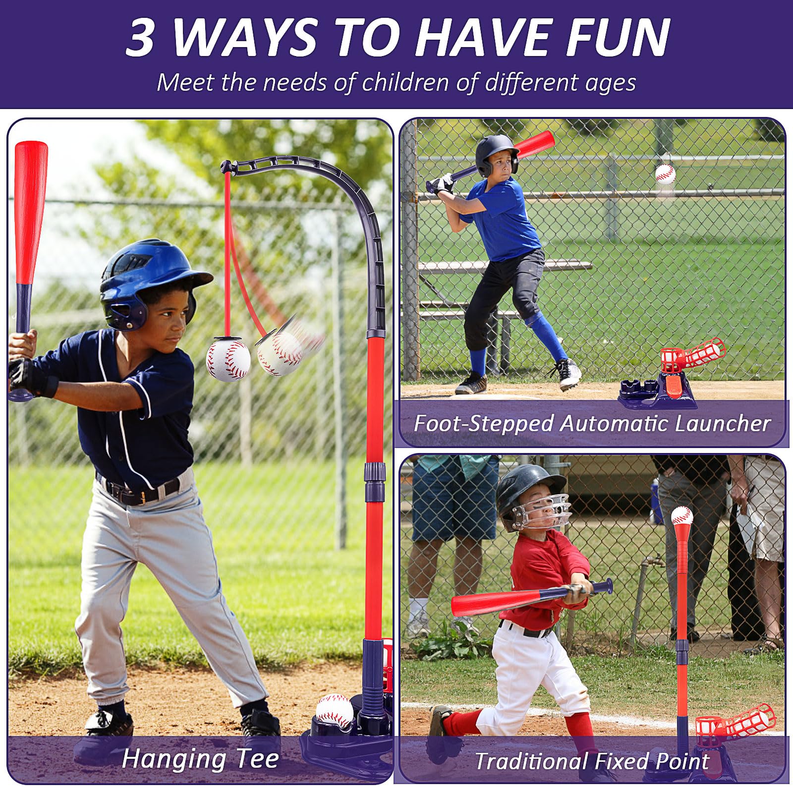 Kit Baseball 3-en-1 Surelect – Support Suspendu Réglable, Batte, Lanceur Auto – Cadeau Sportif Enfant