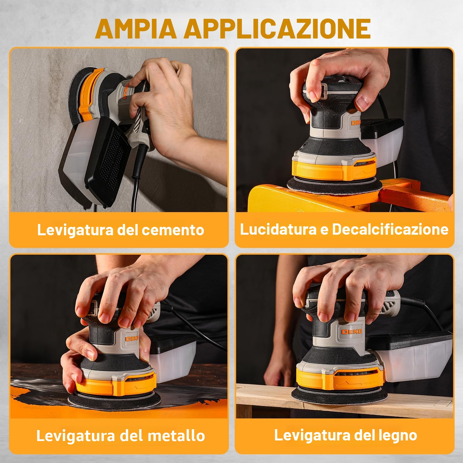 DEKOPRO Levigatrice Orbitale 300W - 6 velocità variabile 14000RPM Levigatrice Rotorbitale, 125mm strumento di levigatura manuale, sistema di raccolta della polvere ad alte prestazioni