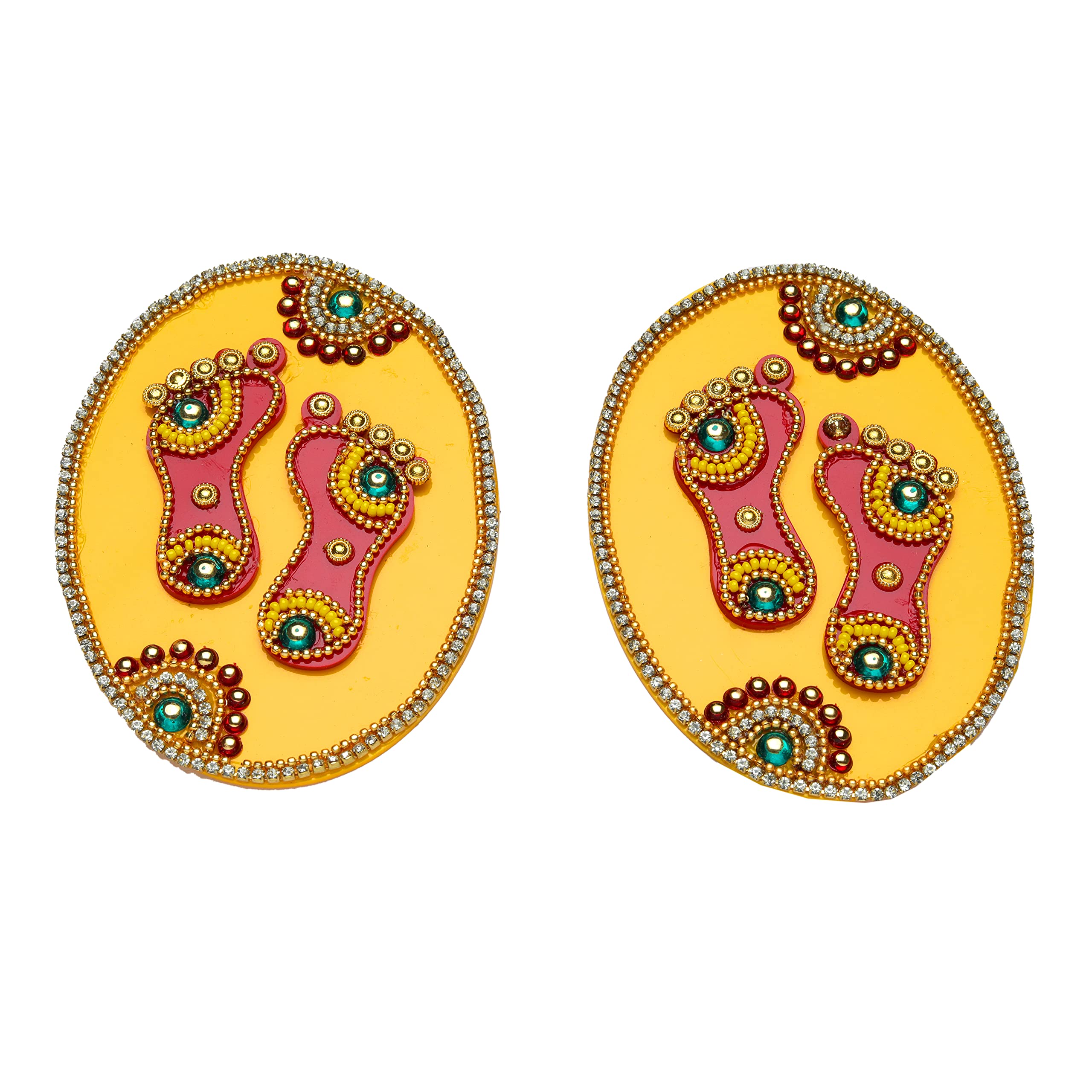 Set of 2 Laxmi Charan Paduka Feet Pagala Shubh Labh Sticker Rangoli Decor for Wall Door floor House Office Temple Indian Traditional New year Decorations(Length :- 4" Each)(Red Yellow Laxmi Charan)