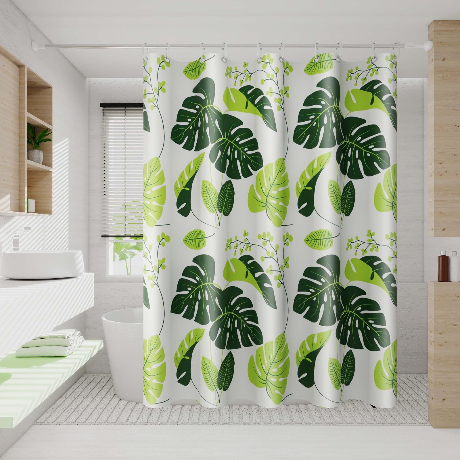 Rideau de douche feuilles vertes foncées pour créer une ambiance spa à la maison