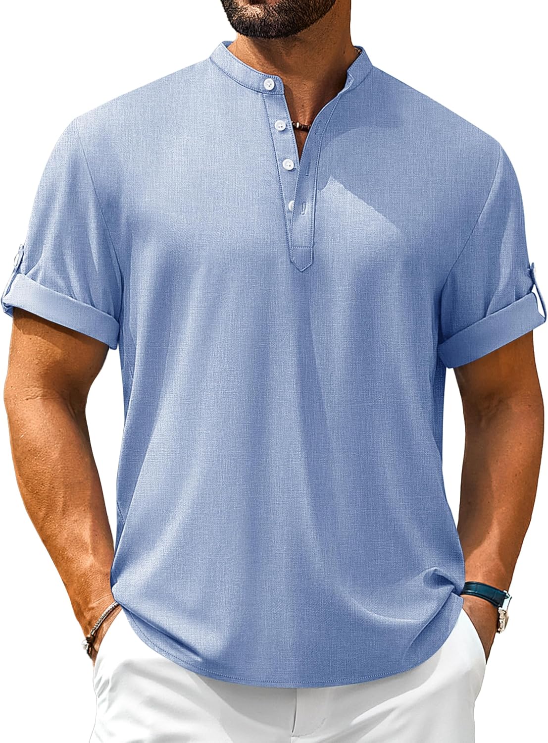 Cotrasen Mens Henley Short Sleeve Shirts Casual Lightweight Beach Shirts Collarless Button Tops Hippie Summer Clothes