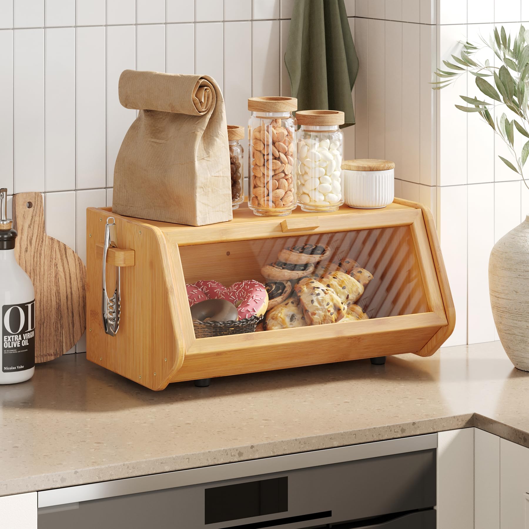AMBIRD Bambus Brotkasten - Aufbewahrendes Brot für Küchentheke - Großer holzer Speichercontainer für Brot, Landhaus-Stil Brotkasten mit Fenster