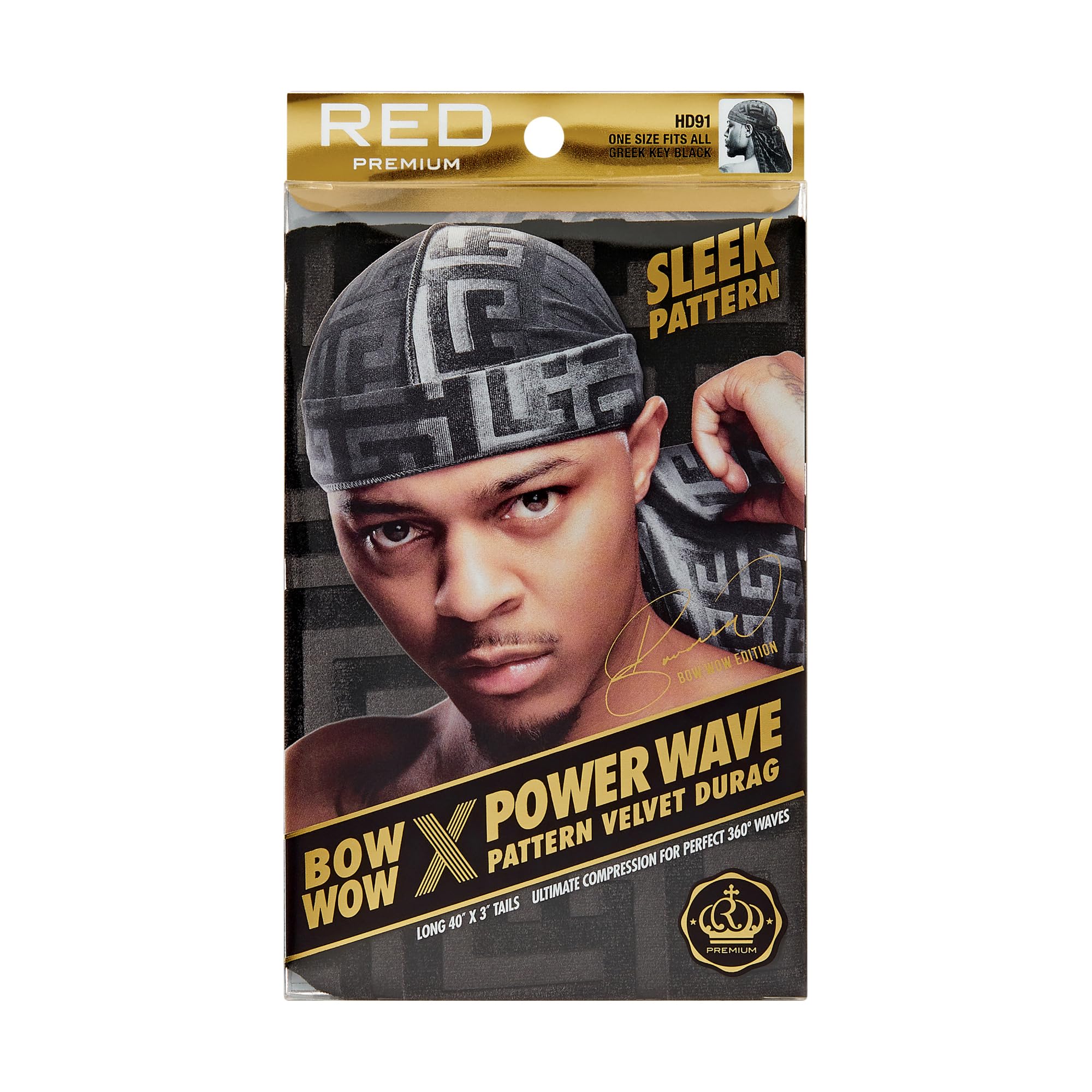 Red by Kiss Bow Wow X Power Wave Premium Pattern Velvet Durag, Soft & Stretchy, Ultimate Compression, Secure Fit & Breathable (Black Greek Key)