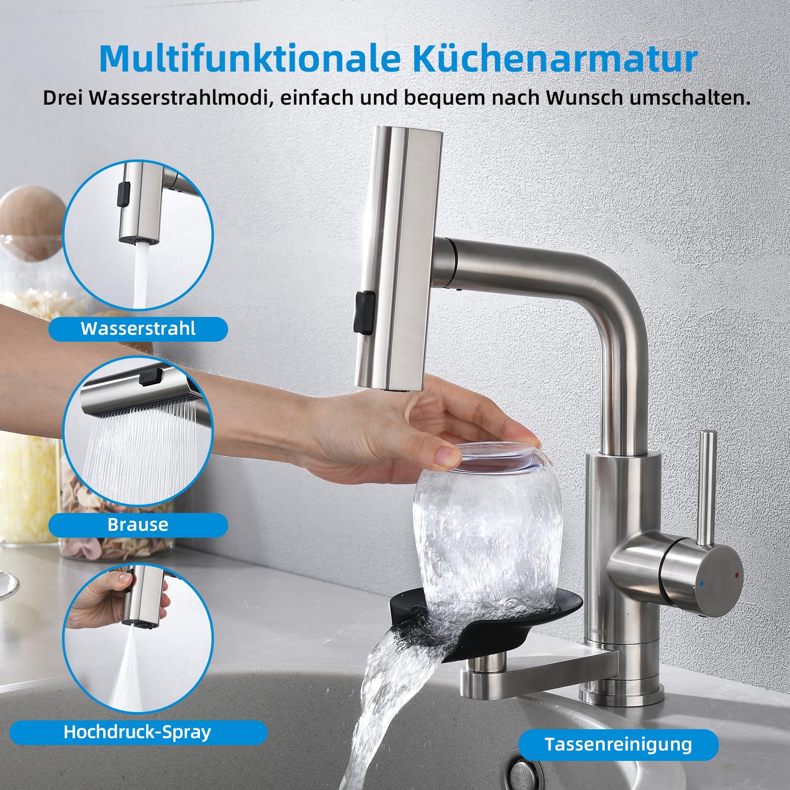 Küchenarmatur Wasserhahn Küche Glasspüler, Ausziehbar 3 Strahlarten | Spültischarmatur Küche Mynaiad mit Glasspüler, 3 Auslauf-Modi, 360°-Drehung, Schwarz 304 Edelstahl, für Küche, Bad und Bar