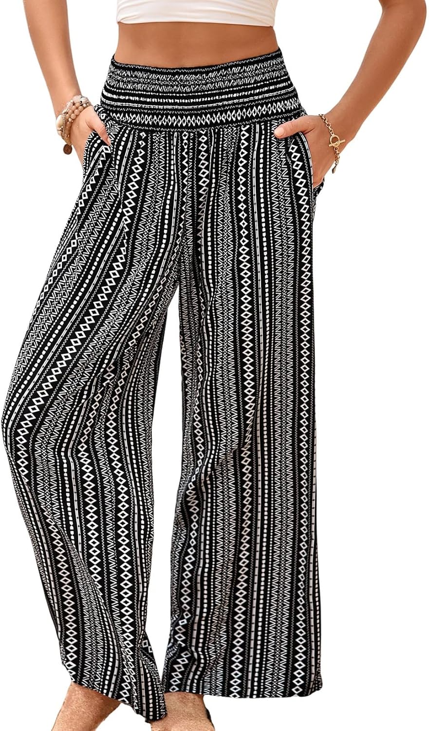 Dokotoo Women's Summer Boho Floral Bagyy Pants Wide Leg High Smocked Waist Casual Loose Palazzo Pants with Pocket