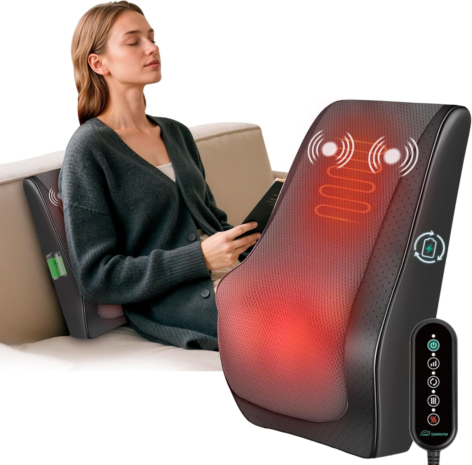 Snailax Shiatsu Back Massager with Heat Vibration, Rechargeable Cordless Neck Back Massager for Pain Relief Deep Tissue, 4D Deep Kneading Back Massage Pillow, Gifts for Mom Dad-Home Office Use SL-128C-WH