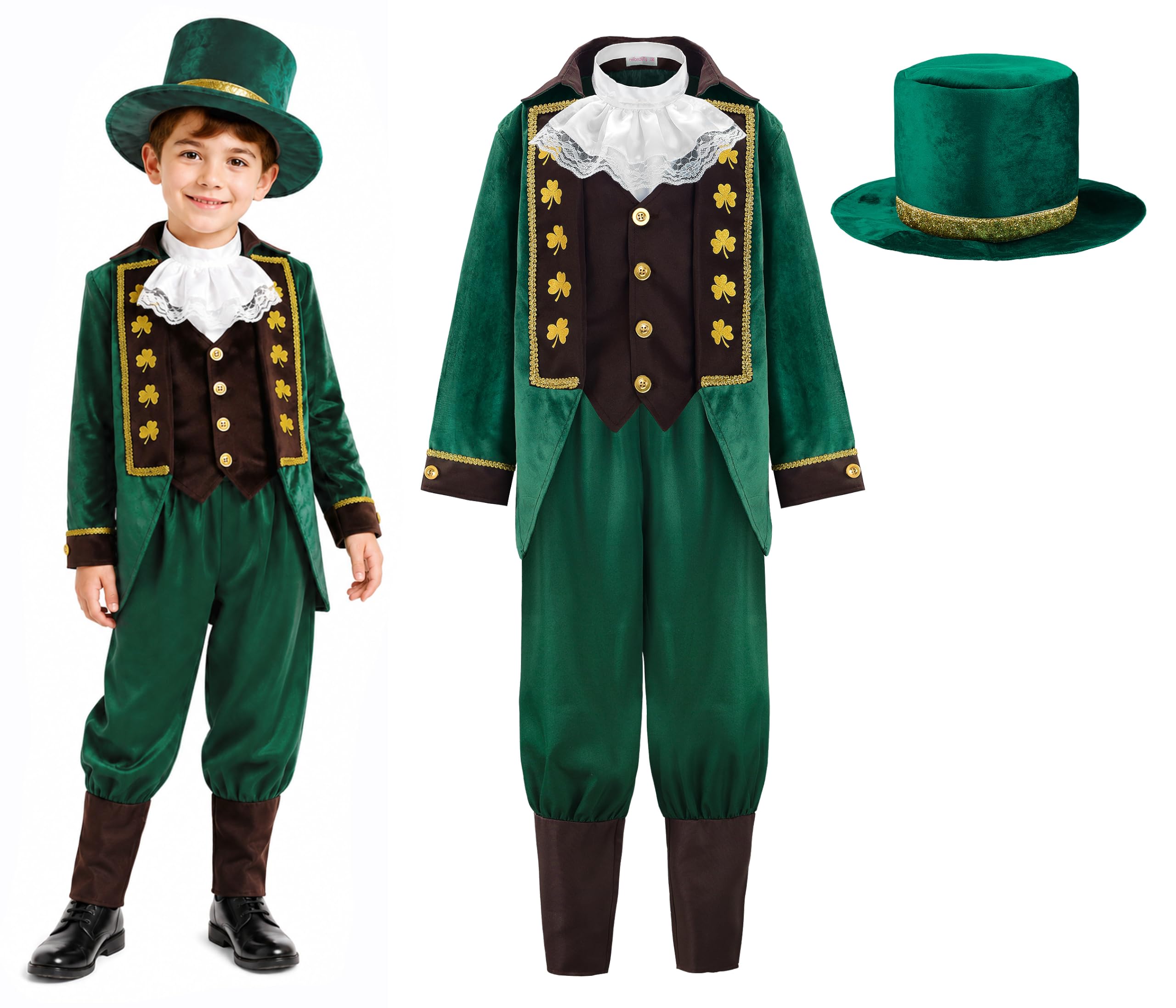 ReliBeauty Costume San Patrizio Leprechaen Bambini Vestito Folletto Trifoglio 3-12 anni, con Cappello