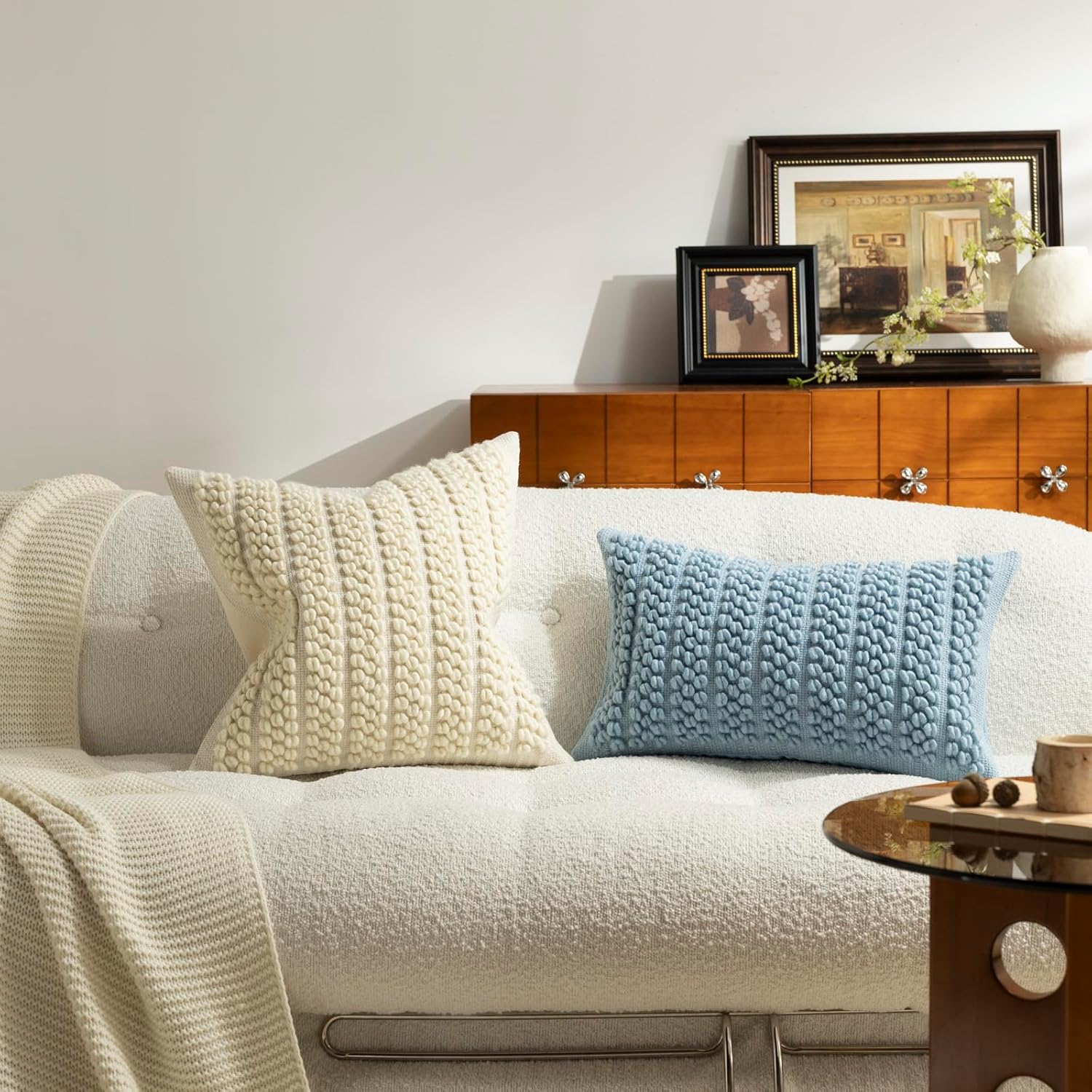 DEZENE Wool Boucle Throw Pillow Cover Premium Chic Accents Square Textured Decorative Pillow Case for Living Room Couch Sofa Home Decor 18"x18" Beige