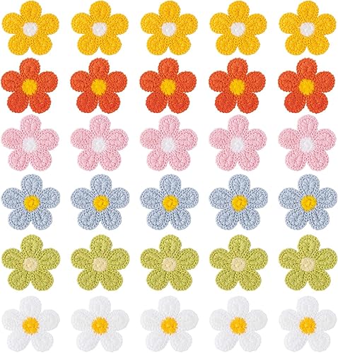 30 parches de flores de 1.96 pulgadas, 6 colores de margaritas bordadas, lindas flores de ganchillo de San Valentín para la vuelta a la escuela