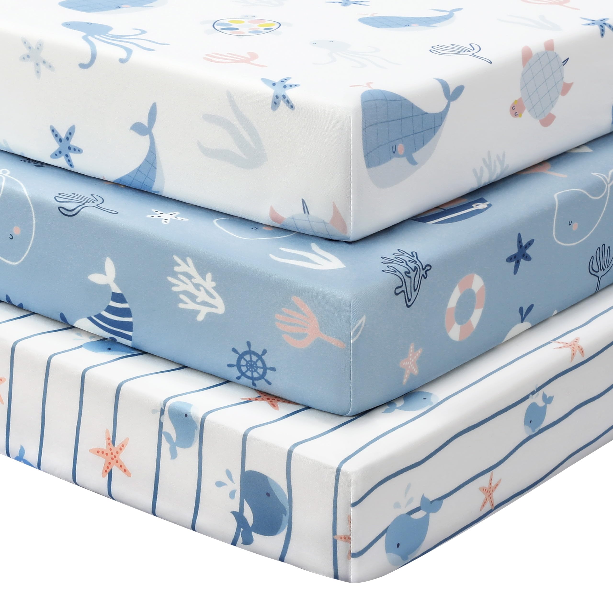 Baby Cot Sheets 120 x 60cm Fitted, 3 Pack Cot Bed Sheets, Ultra Soft & Silky Smooth Microfiber Cot Fitted Sheets Blue Ocean Whale