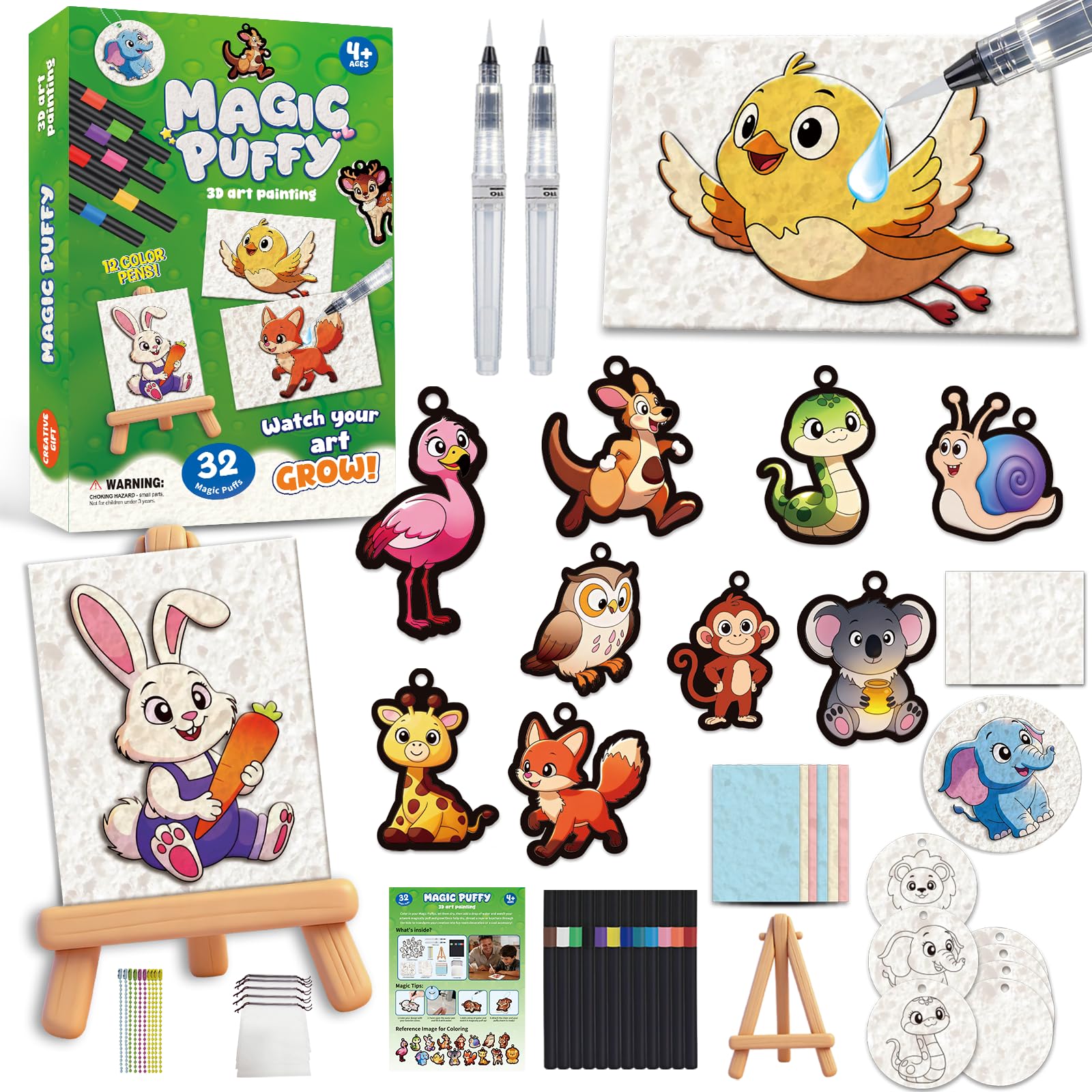 62Pcs Magic Puffy Paint Kit, Magic 3D Foam Texture Painting Kit with 32Pcs Foam Texture Paper, 12 Colored Markers, Water Brushs and Mini Easel, Puffy Magic Canvas Sponge for Crafts and DIY (Animals)