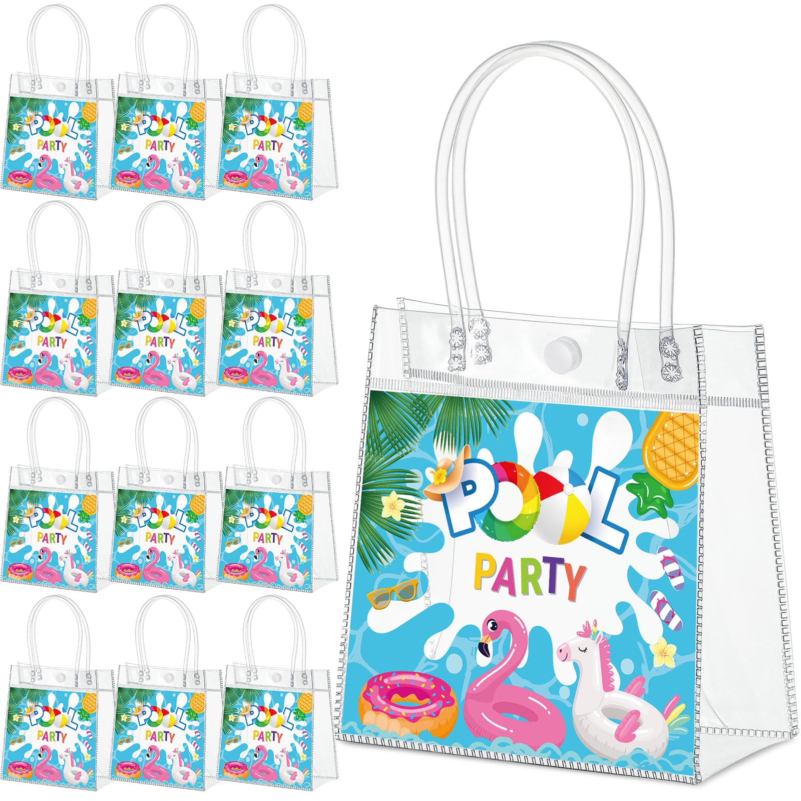 Kolldenn 12 Pcs Pool Party Clear Gift Bags with Handles, Swimming Pool Flamingo Tote Bags, Reusable PVC Goodie Handbags for Summer Beach Birthday Party Favors, 6.31" x 5.91" x 3.15"