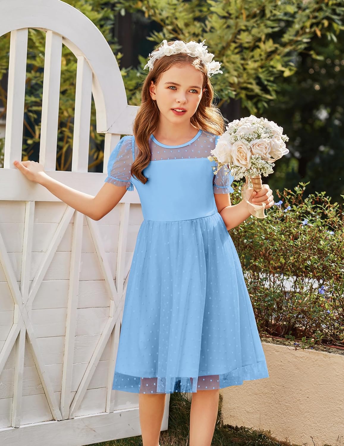 Arshiner Girls Dress Contrast Mesh Puffy Short Sleeve A Line Casual Party Dress 3-12 Years - Image 8