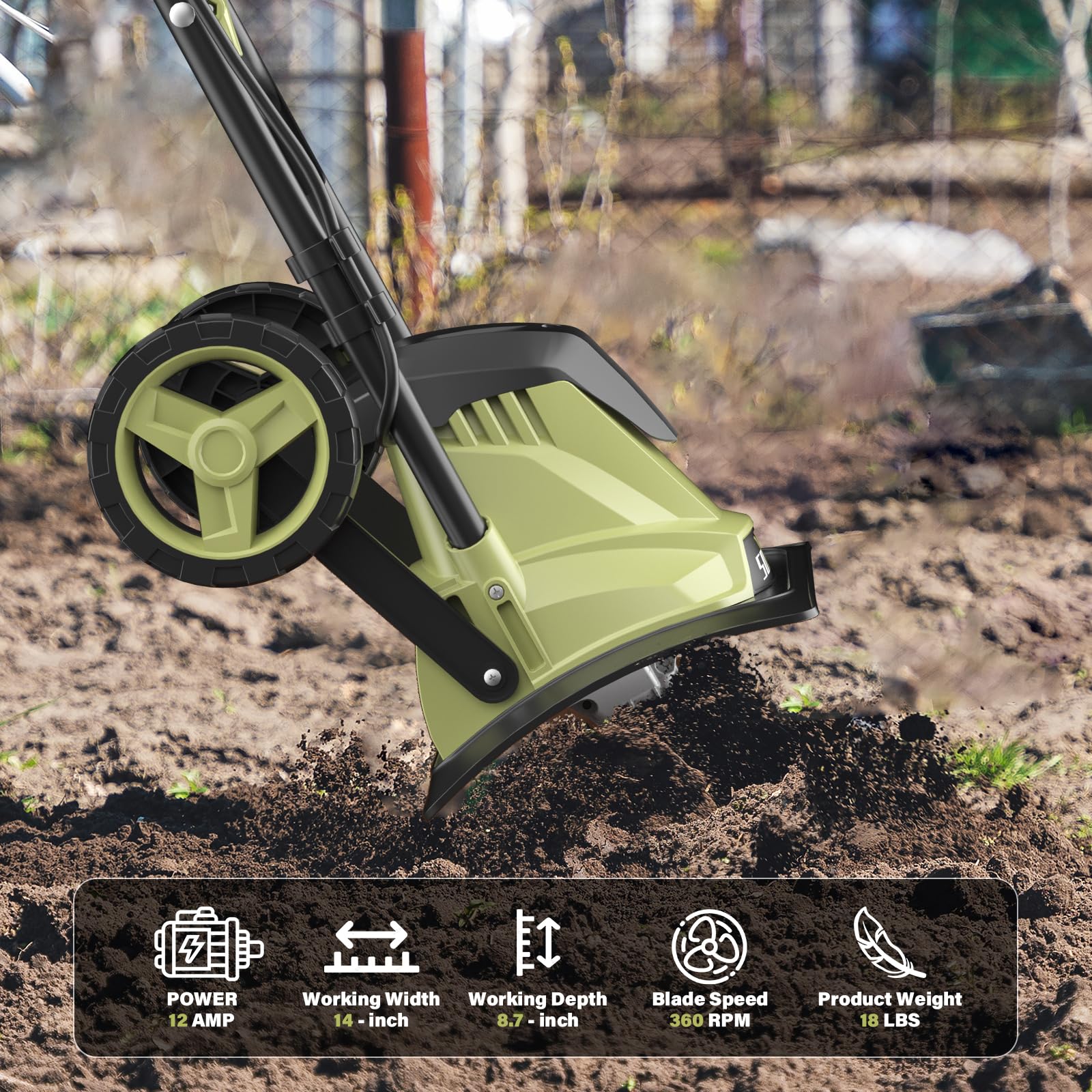 SOYUS Cultivador eléctrico de 14 pulgadas con cable de 12 amperios para jardinería, cultivador de jardín con mango plegable, 4 dientes de acero con ruedas para césped y suelo
