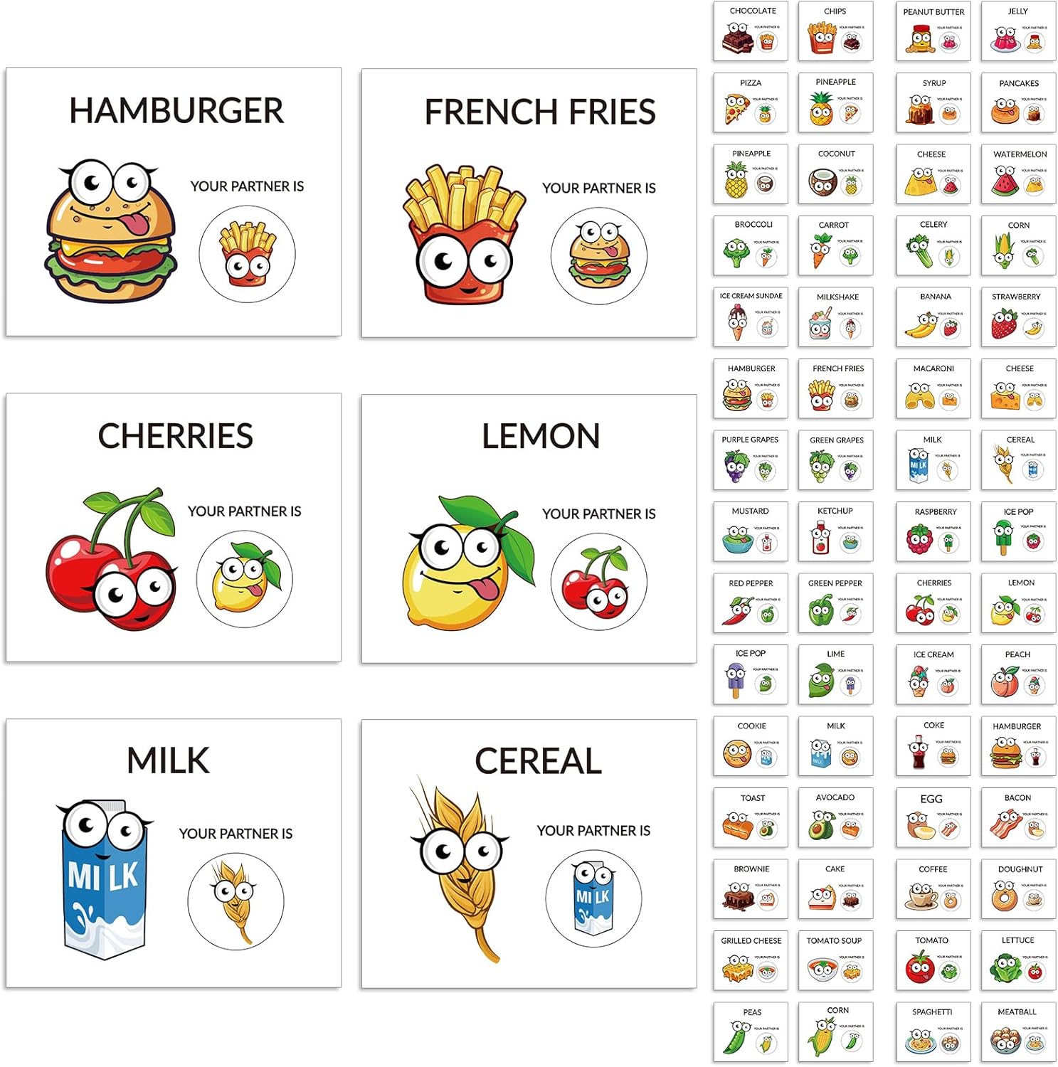 Marspark 60 Pcs Partner Pairing Cards 30 Pairs Food Matching Cartoon Matching Peanut Butter Jelly Partner Cards for Team Building Office Breaker Indoor Outdoor Activities Holiday Party Supplies