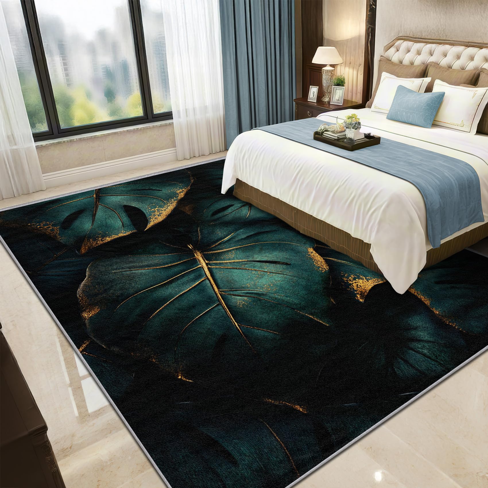 Blätter Teppich 200x200 cm, Luxuriöse Grüne Blatt Waschbarer Teppiche Wohnzimmer, Modern botanisch Pflanzen rutschfest Antirutsch Groß Teppiche Für Esszimmer, Quadratisch, Dunkel Grün Gold