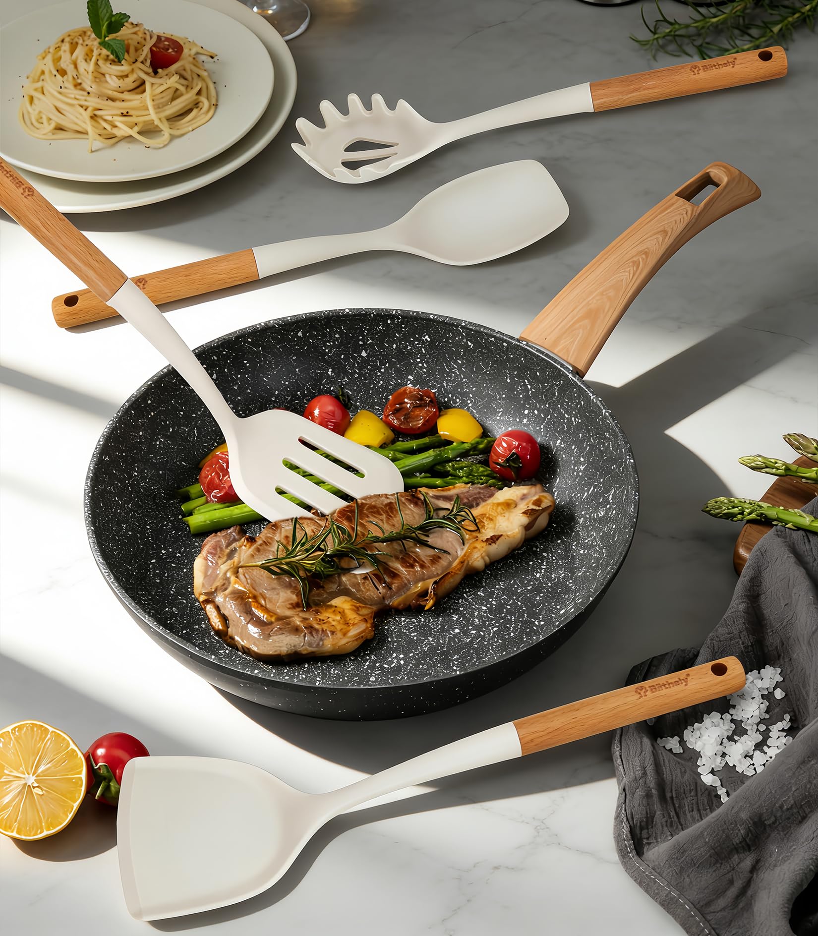 Gran juego de utensilios de cocina de silicona, juego de 10 utensilios de cocina antiadherentes con mango de madera, utensilios de silicona resistentes al calor para cocinar, juego de espátulas sin