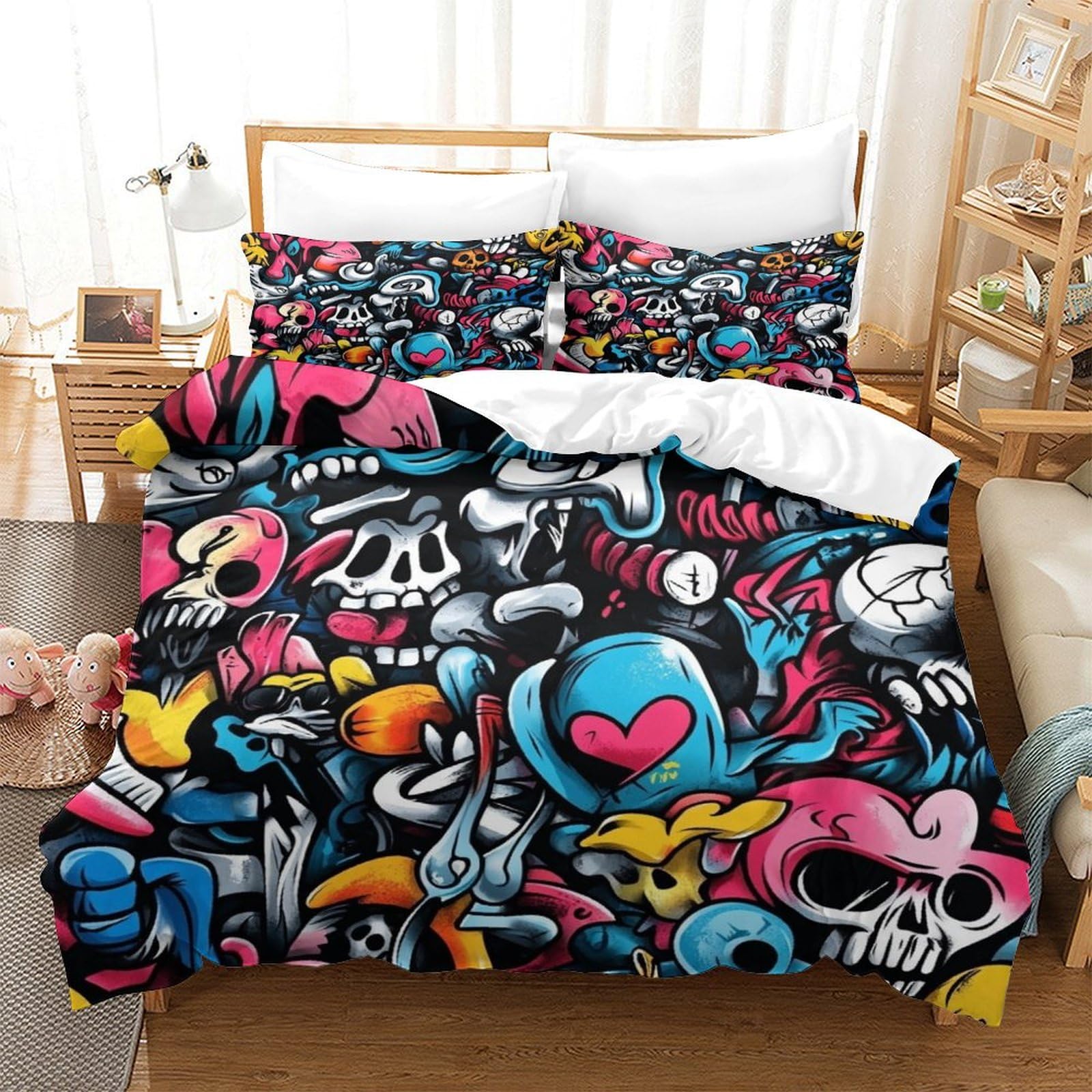 LILIlaobiao 3D Printed Graffiti Duvet Cover Comfortable Quilt Cover Set Microfiber Doodles Pattern Bedding Set Full Size for for Kids & Adults Breathable King（220x240cm）