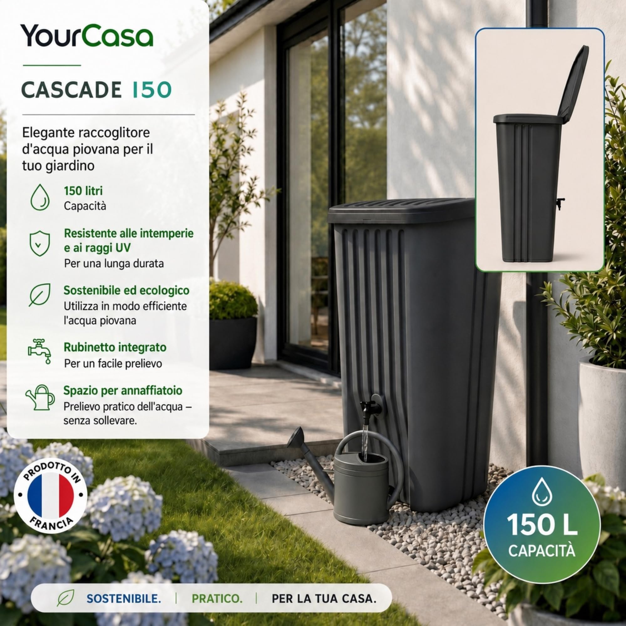 YourCasa Cascade Serbatoio Acqua Piovana 150 L, Slim Antracite | Cisterna piovana salvaspazio da parete con rubinetto integrato, coperchio e scarico invernale, prodotta in Francia