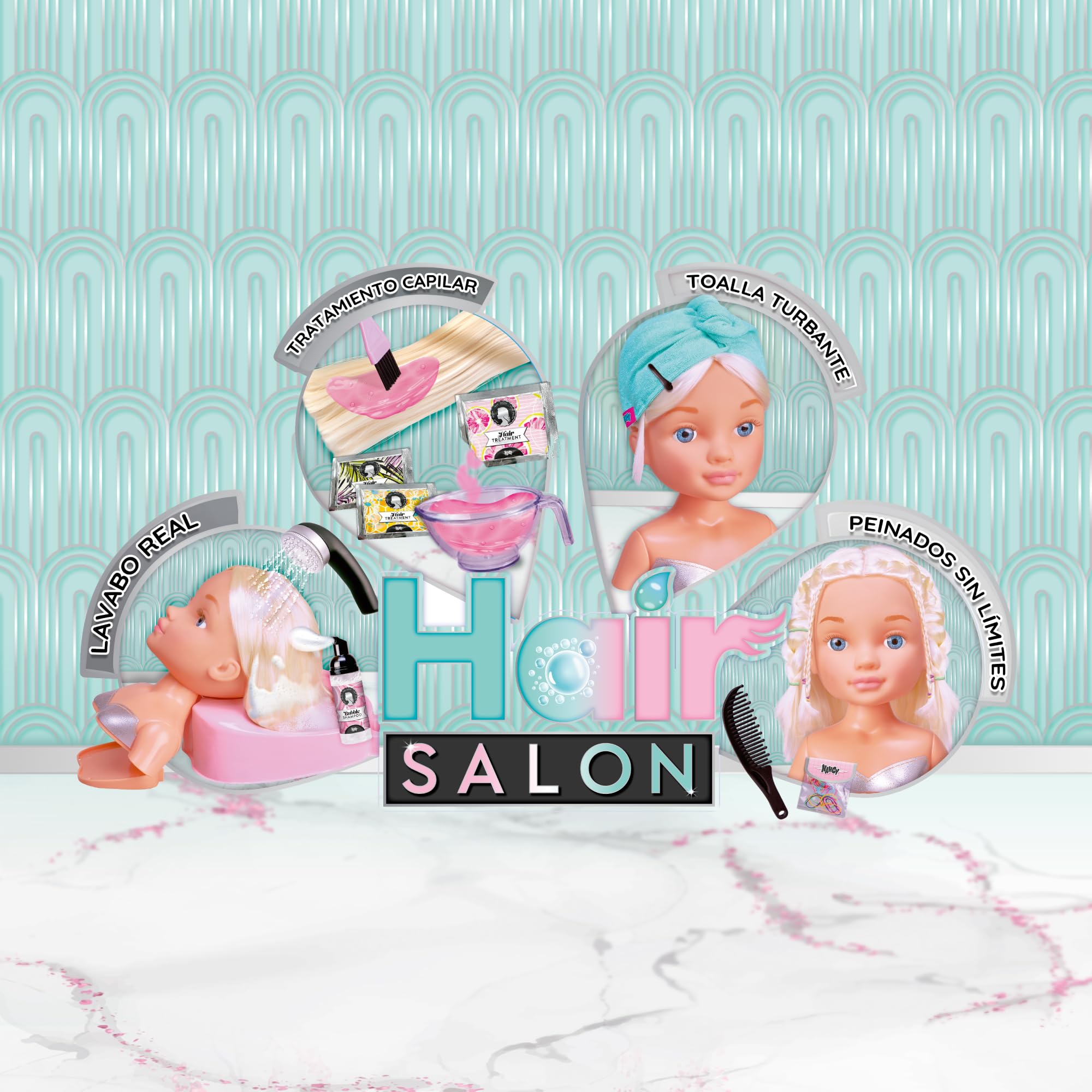 Nancy Hair Salon, Testa capelli biondi, lavatesta che funziona per davvero, accessori per poter creare acconciature, per bambine/I da 3 anni, Famosa (NACB3000)