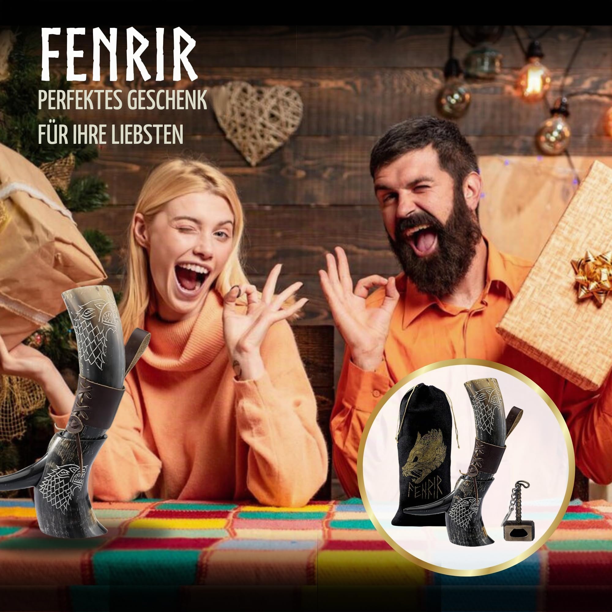 FENRIR Wikinger Trinkhorn aus echtem Leder mit braunem Holsteröffner, Wolf für Ale Met, Geschenk für Männer und Frauen, 100 % authentisches mittelalterliches Nordhorn, Größe 425 - 510 ml, natürlicher