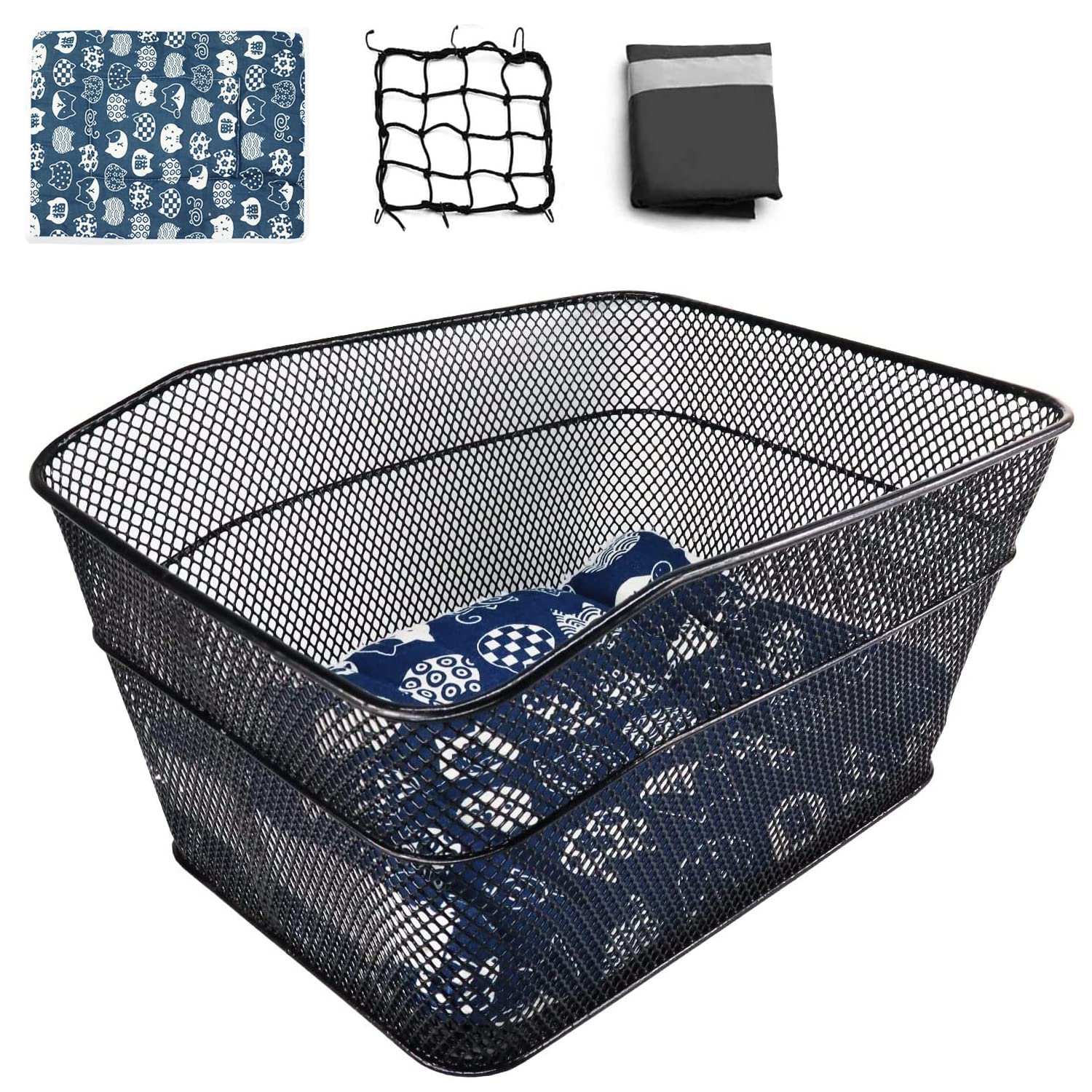 MATTISAM Bike Basket Rear, [Tool-Free Install], Bike Rack Basket for Pet, Metal Wire Bike Cargo Basket, Bicycle Basket for Back of Bike, with Waterproof Cover, Cargo Net, Fits Most Rear Racks