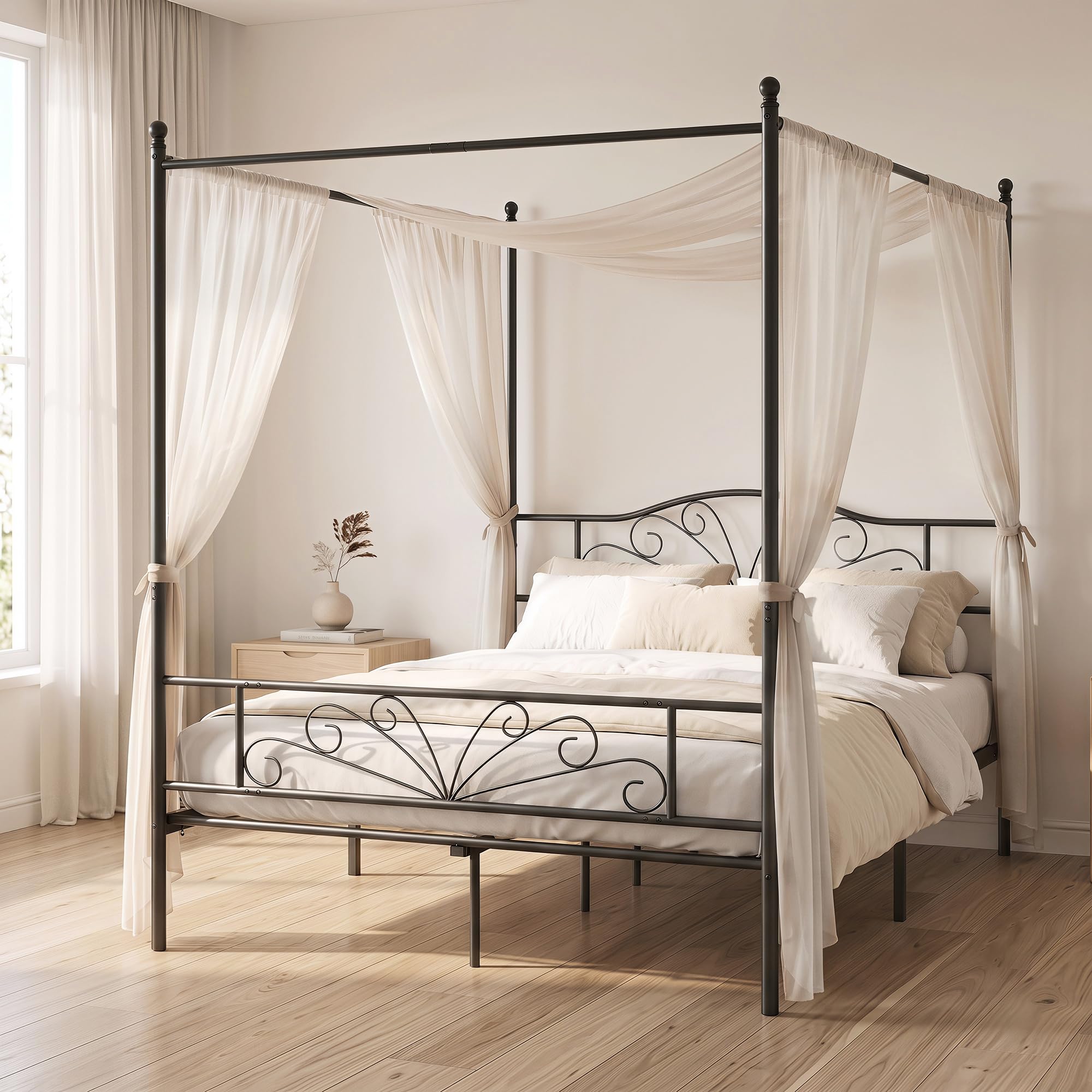HOMCOM Canopy Bed Frame Double Size Metal Platform Bed Frame in Black