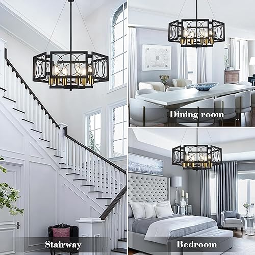 Miniatura 8 de Candelabro moderno de 22.8 pulgadas, lámpara colgante de color negro y dorado, 6 luces, grandes candelabros industriales de metal para comedor, sala