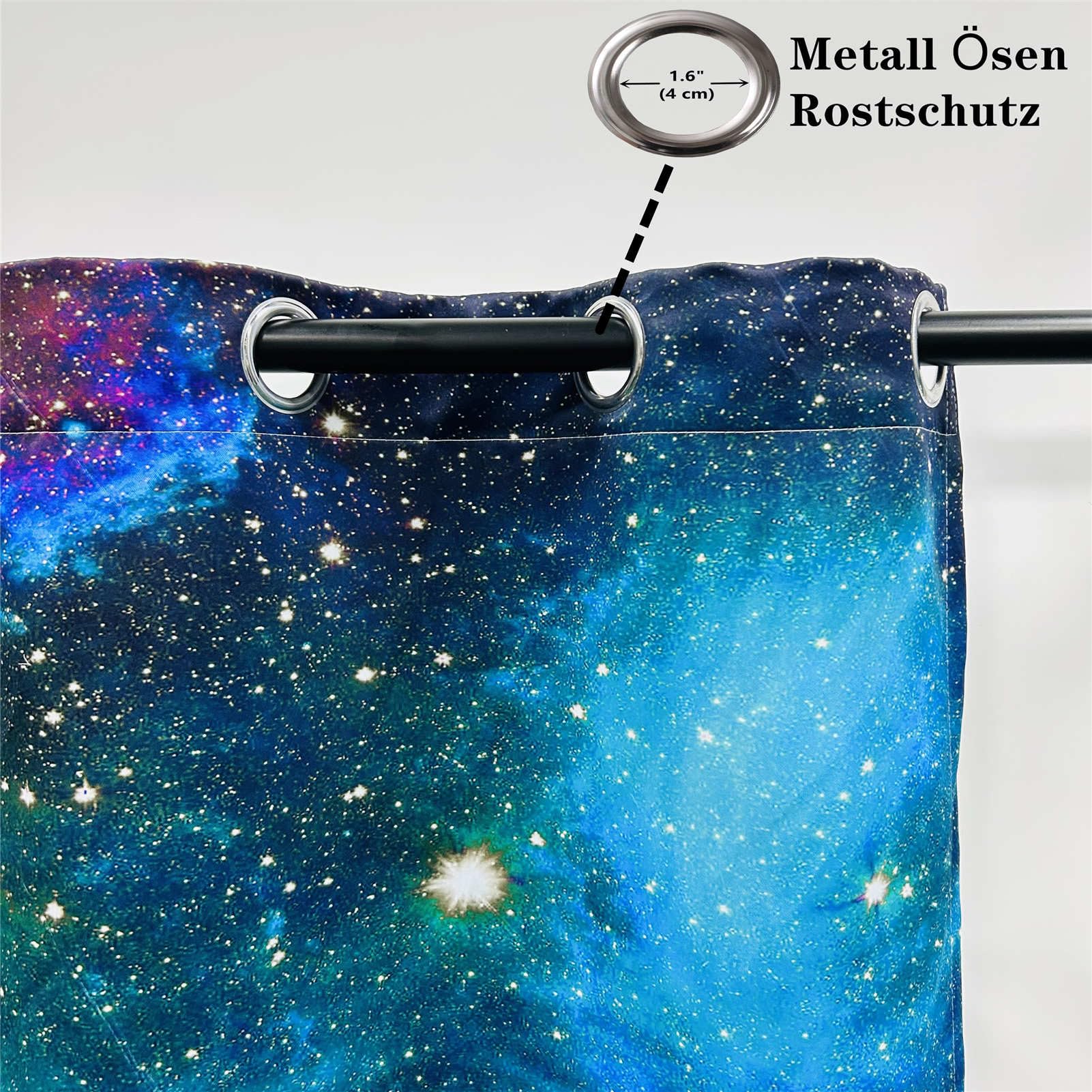 Galaxie Vorhänge Kinder Sternennebel Planet Ösen Gardinen mit Blickdichte Thermo Vorhang Kälteschutz Blackout Curtain Kinderzimmer Schlafzimmer Verdunkelung Fenster, 2 Stück, H 220 x B 140 cm