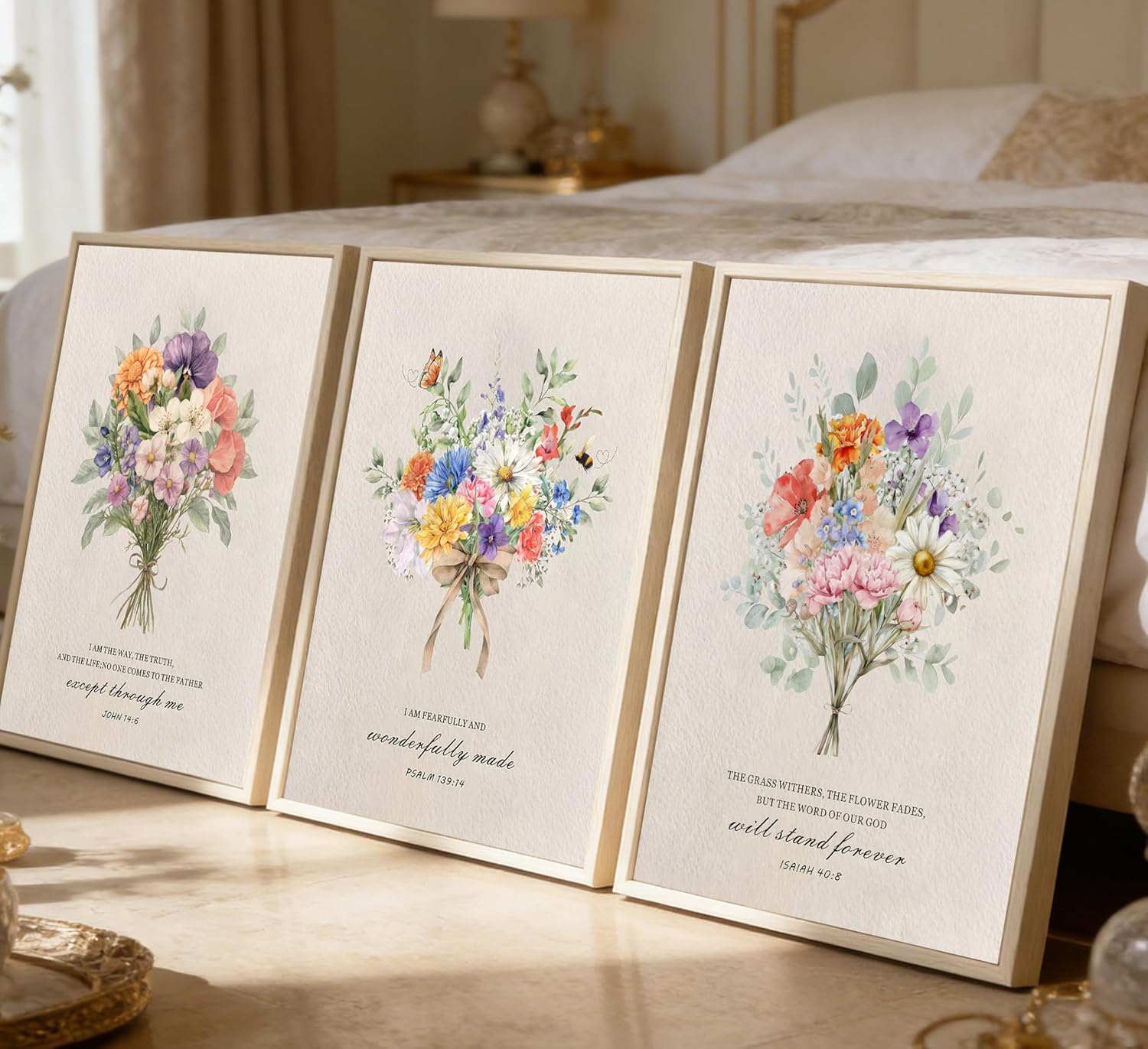 3Pcs Watercolor Floral Bible Verses Poster Wall Art Flower Scripture Painting Picture Wall Decor Religious Faith Psalm Canvas Print Artwork for Prayer Room Church Home Decoration 16x24in Unframed