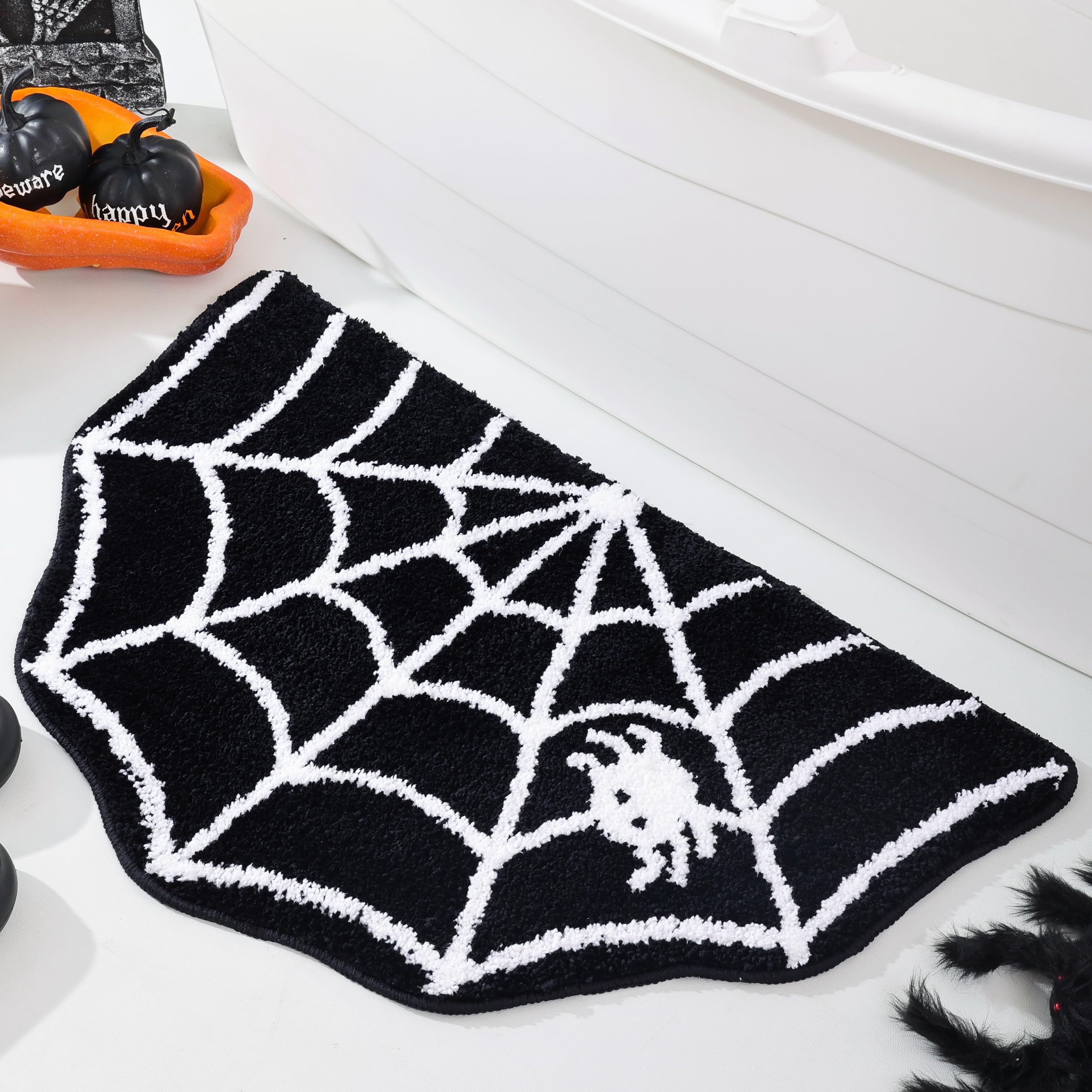 TRUEDAYS Halloween Decor Spider Web Bath Mat for Bathroom, Gothic Cute Halloween Decoration Black White Half Circle Bath Mat Non Slip Cartoon Bath Rug Bathroom Mat Plush Shower Rugs Washable